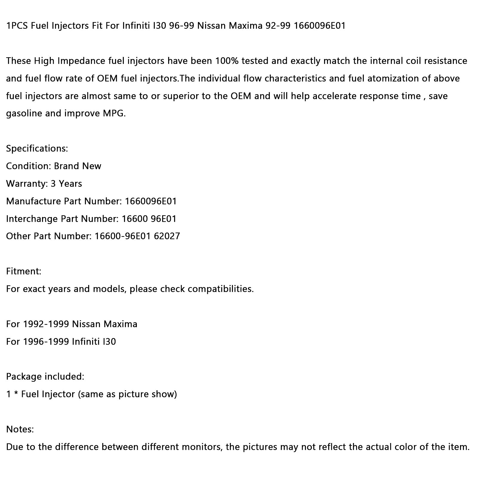 1 stk drivstoffinjektor passer for Infiniti i30 96-99 Nissan Maxima 92-99 1660096E01 generisk