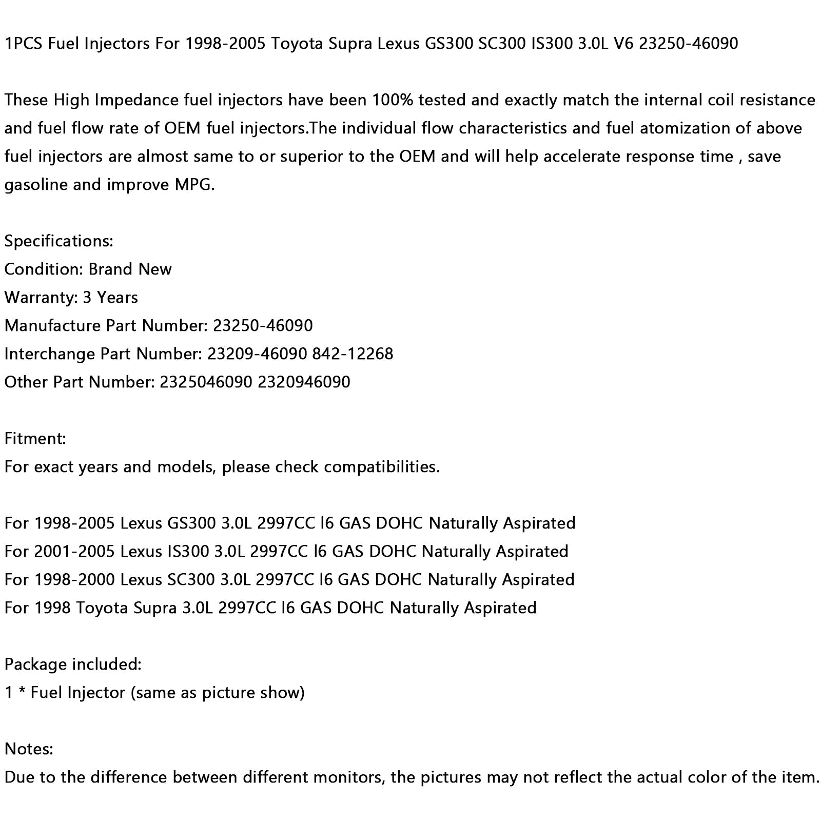1x injetor de combustível 23250-46090 para Toyota supra lexus gs300 sc300 is300 3.0l genérico
