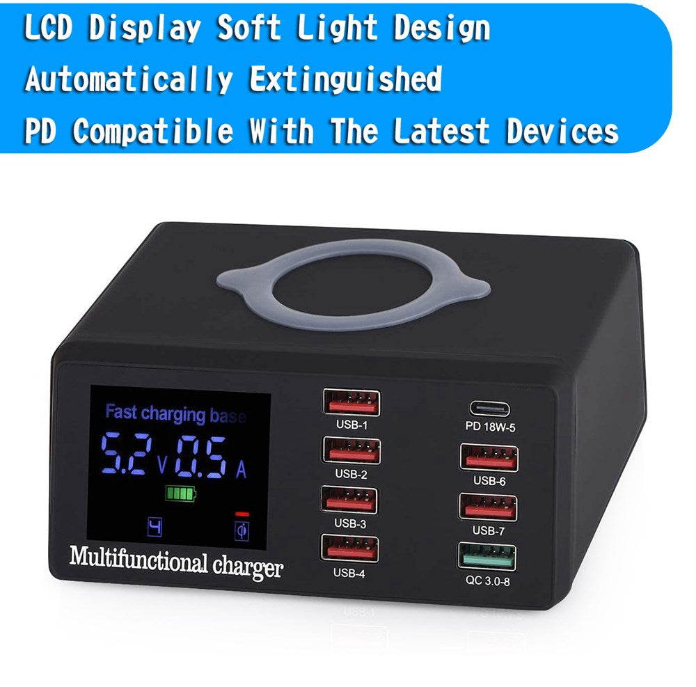 100W 8 Porter USB QC 3.0 Fast PD Rask adapter Trådløs ladestasjon UK -plugg