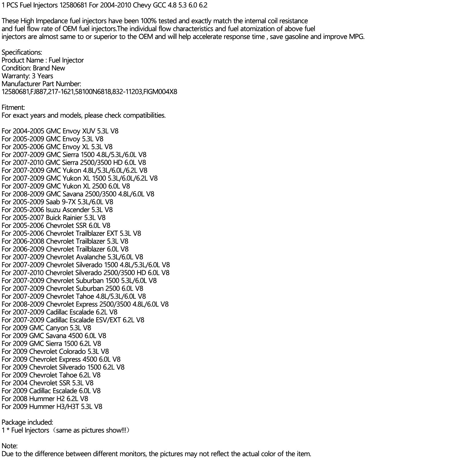 58100n6818 1st bränsleinsprutning 12580681 Fit 2004-2010 Chevy GMC 4.8 5.3 6.0 6.2 832-11203 FJ887 217-1621 Figm004x8 832-11203 Generisk