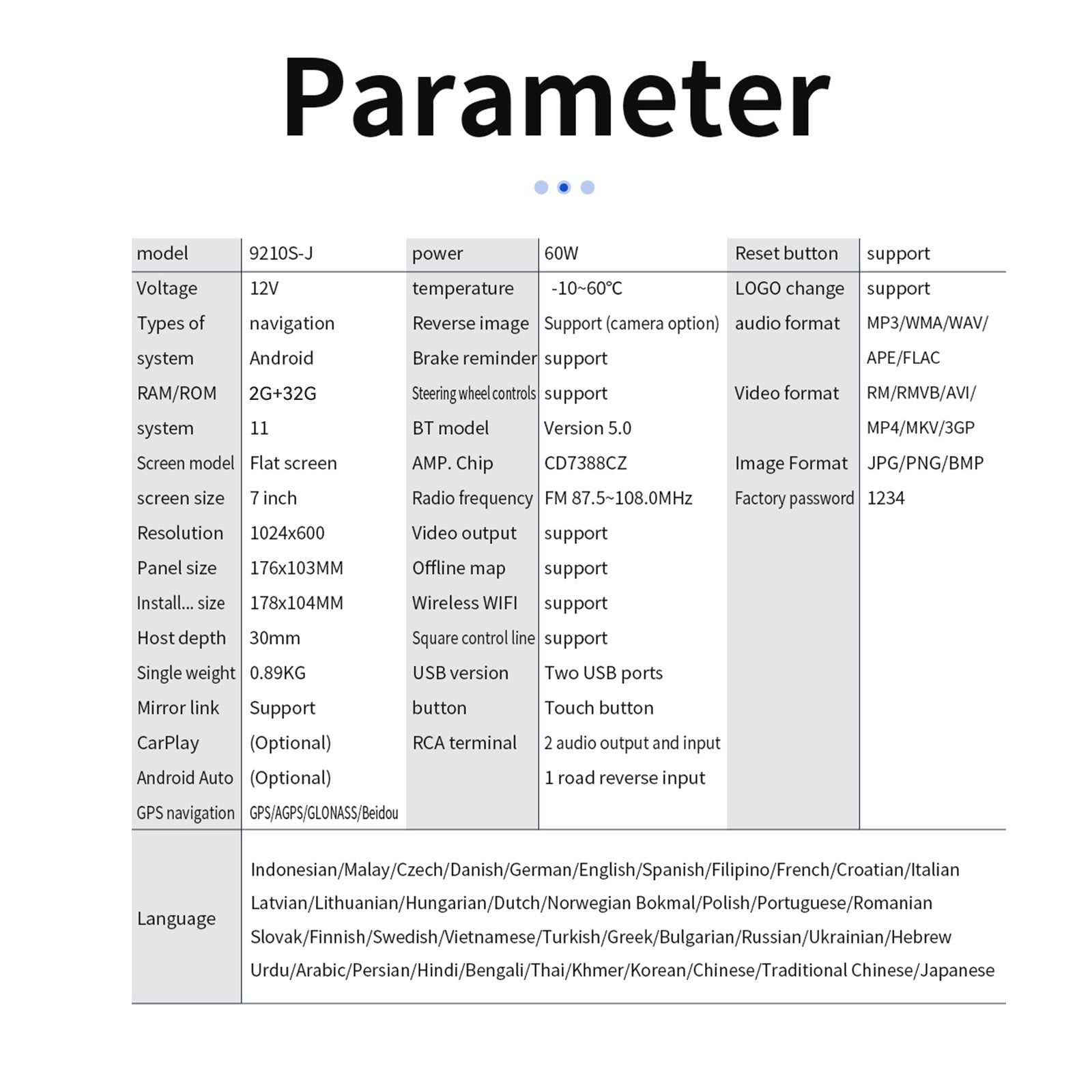 7" Android 10 2G + 32G Quad Core GPS WiFi Bluetooth Autoradio MP5-speler Carplay