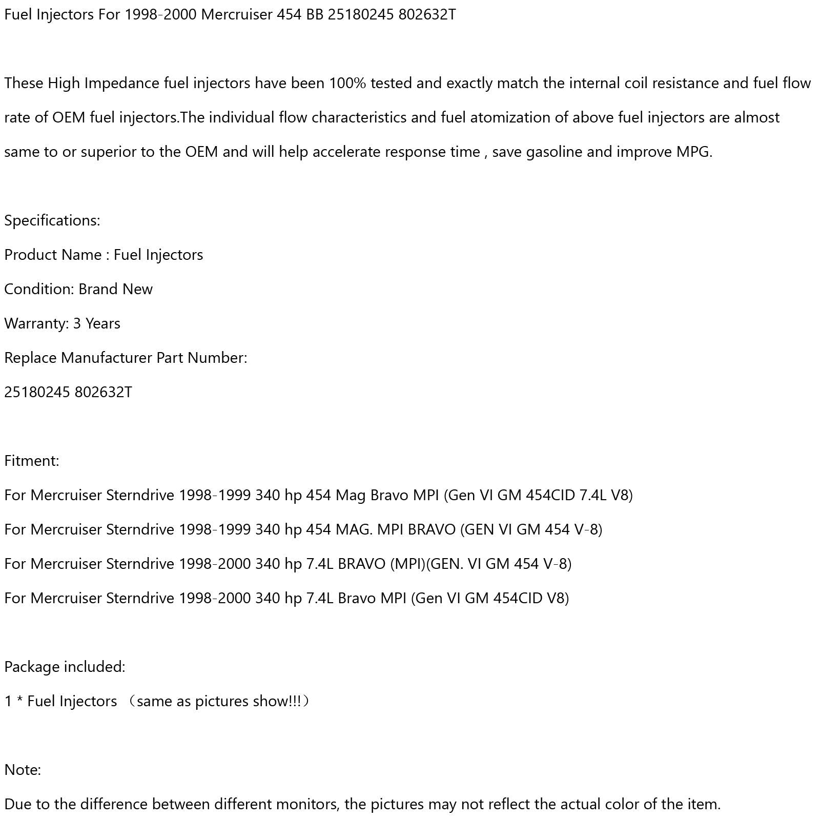 Injecteurs de carburant pour Mercruiser 1998-2000 BB 454 BB 25180245 802632T générique, 1 pièce