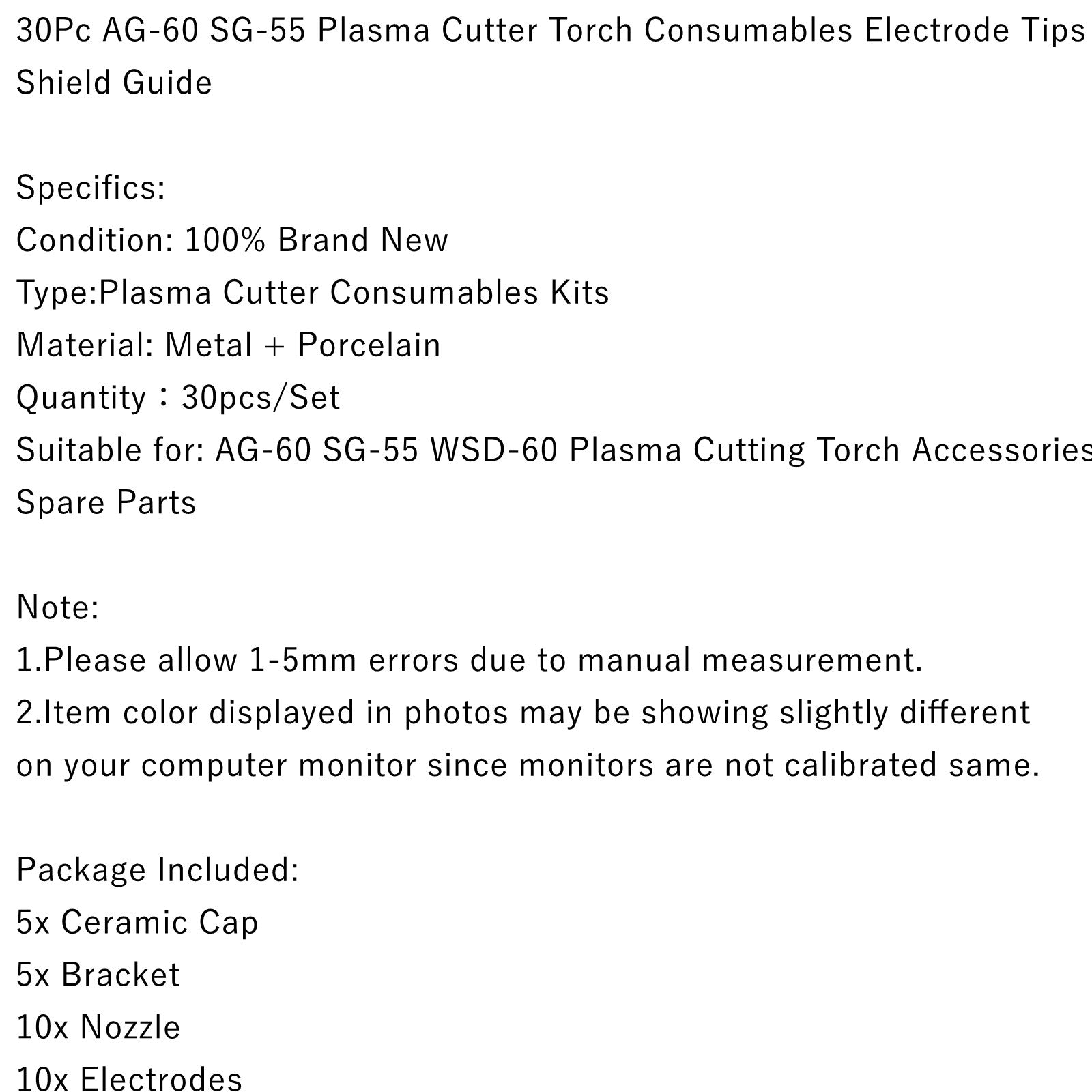 Areyourshop 30 pièces AG-60 SG-55 torche de découpe Plasma consommables embouts d'électrode Guide de bouclier