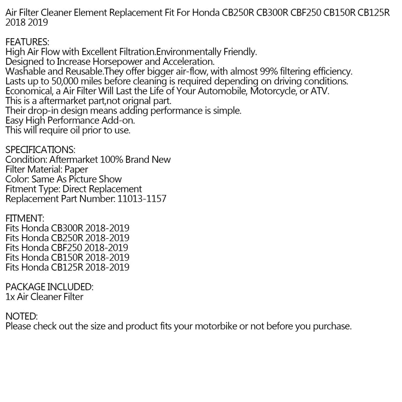 Air Cleaner Filter for Honda CB125R CB250R CB300R CB300RA CBF125 CBF250 '18-'20 Generic