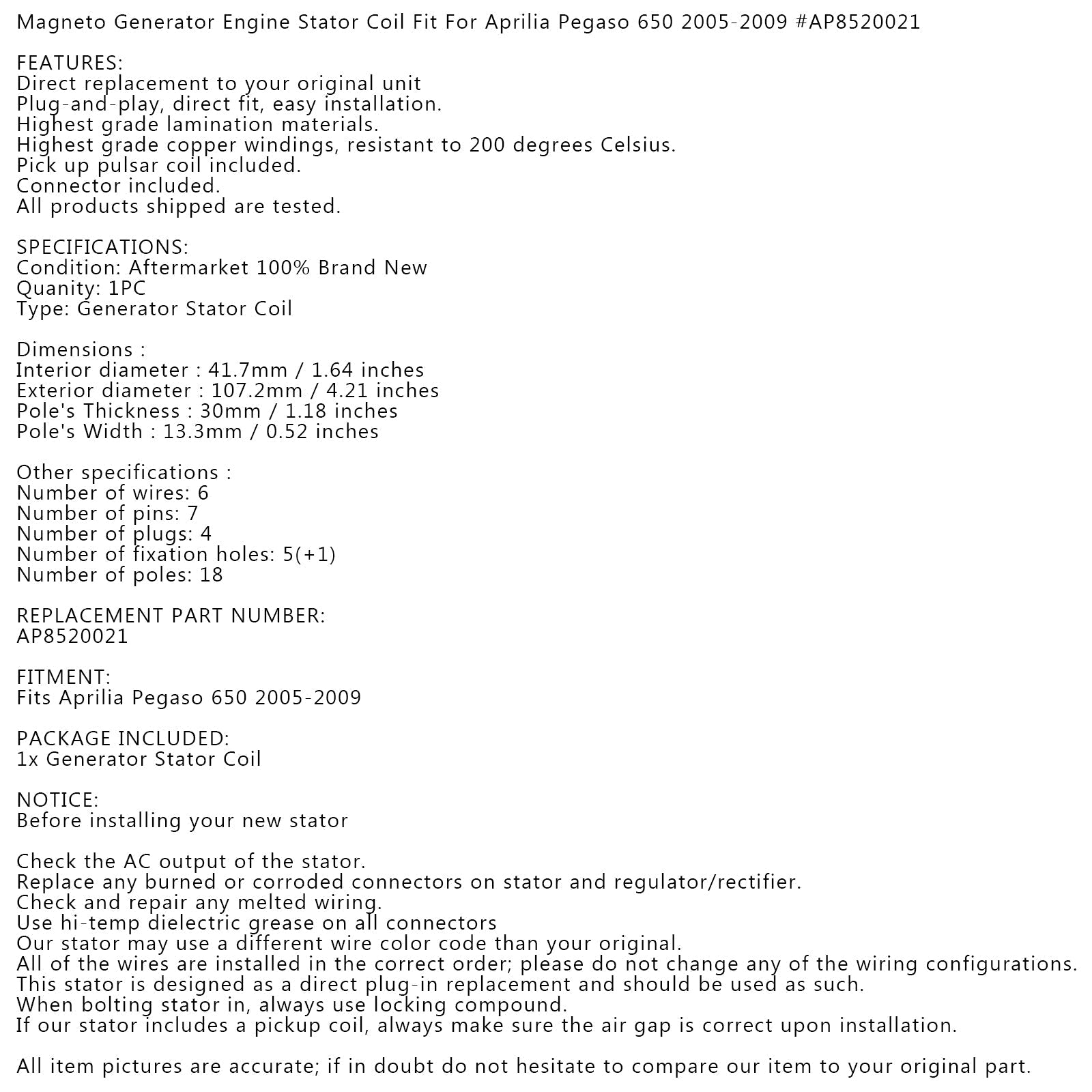 Dynamo Magneto Stator voor Aprilia Pegaso 650 Strade/Trail 05-09 #AP8520021 Generiek