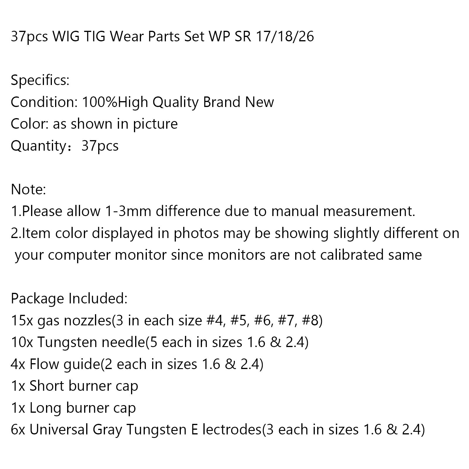 37 st tig svetsfackla 17/18/26 slitage delar set