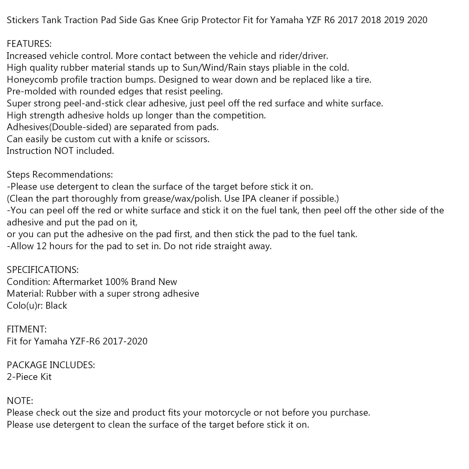 Tank Pads Traction Grips Protector Fit for Yamaha YZF-R6 2017 2018 2019 2020 Generic