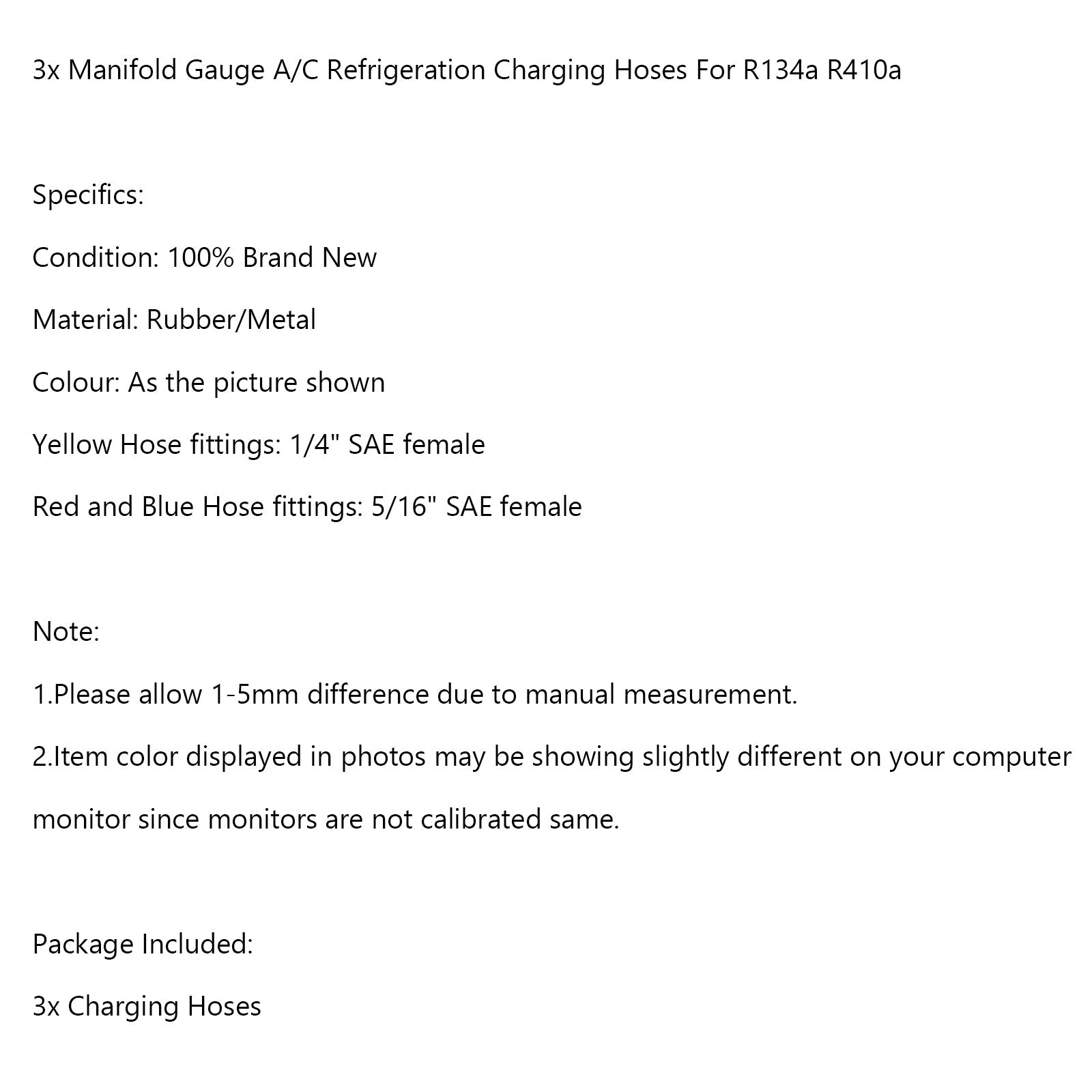 3x jauge de collecteur A/C tuyaux de charge de réfrigération pour R134a R410a