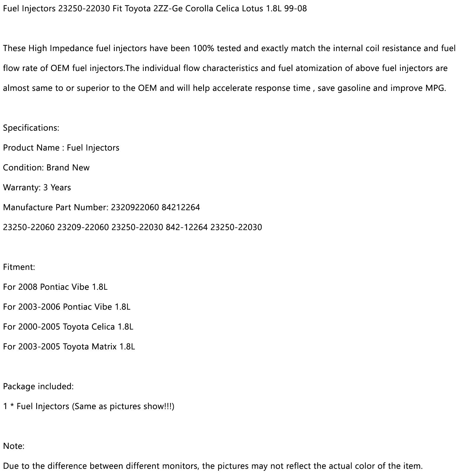 1ks palivové vstrekovače 23250-22030 Fit Toyota 2zz-ge Corolla Celica Lotus 99-08