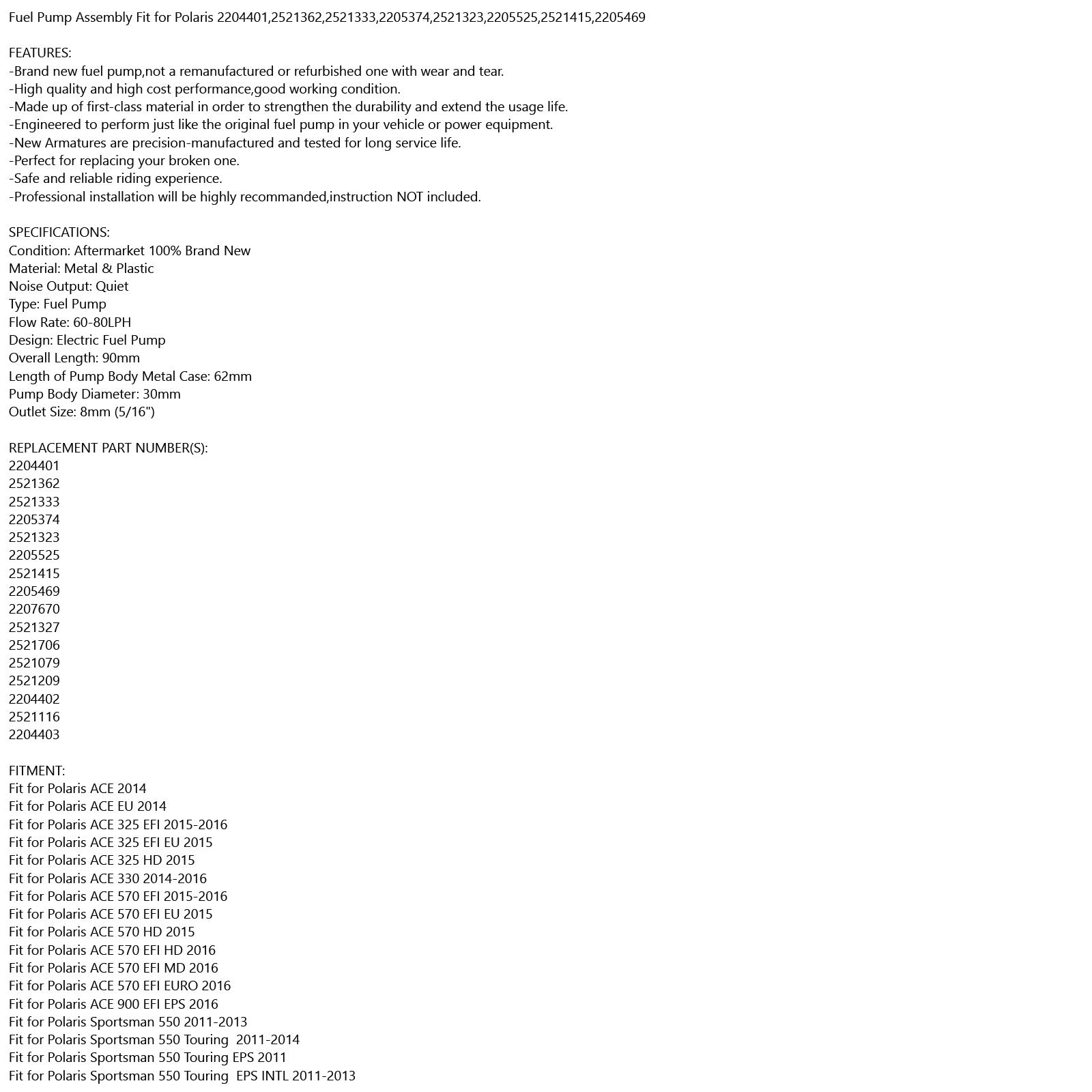 Bomba de combustível ajuste para Polaris Scrambler 850 2013-2019 +Linheiro +selo do tanque #2521362 Genérico