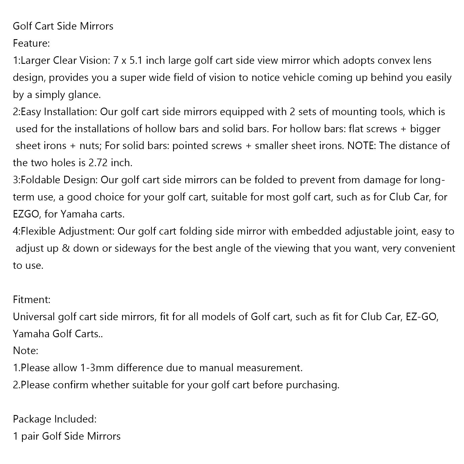 1 par golfvagn sidospeglar bakvy spegel passar klubbbil för ez-go yamaha generisk