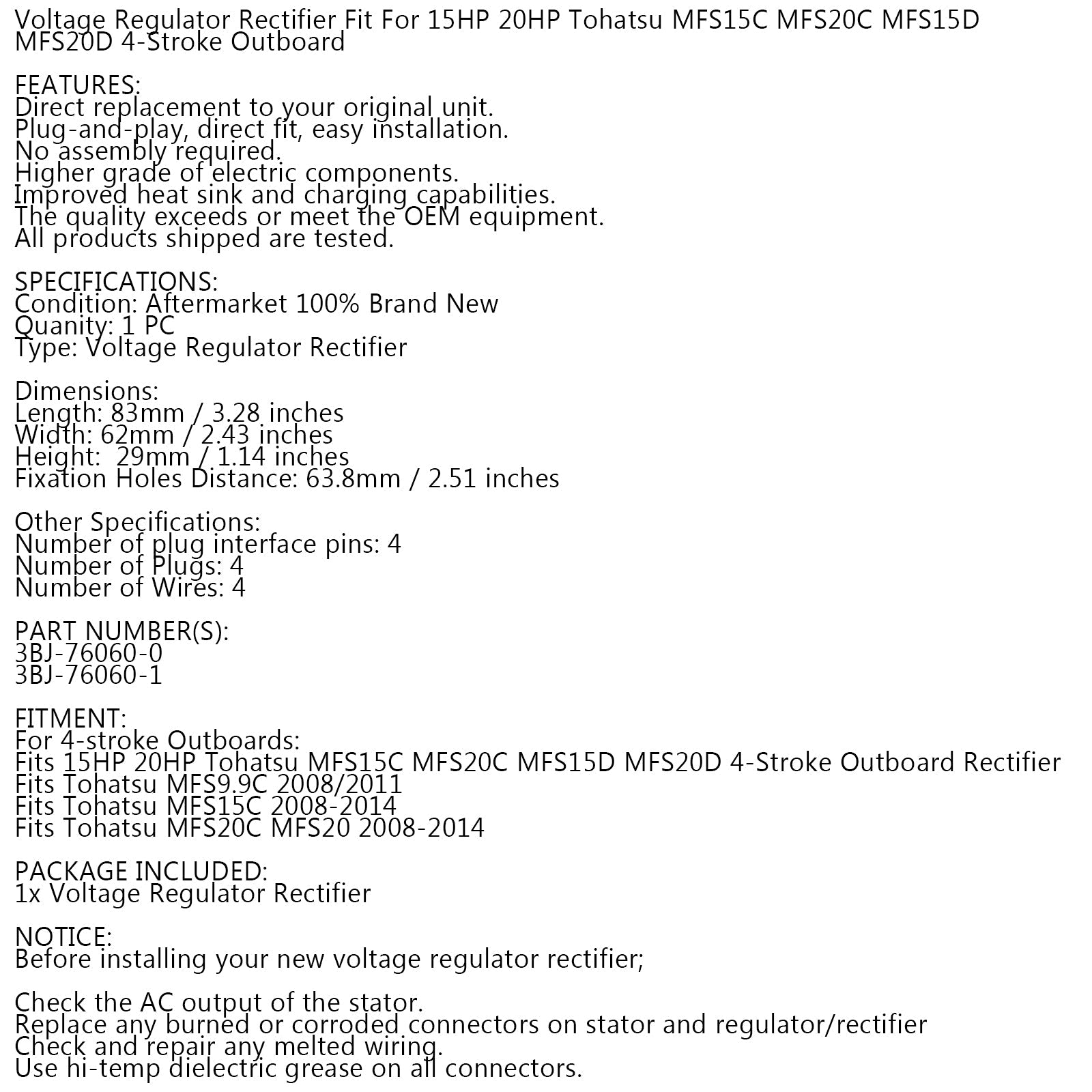 Rectificador regulador de voltaje apto para fuerabordas Mercury Mercruiser F 10hp 15hp 20hp 4 tiempos genéricos
