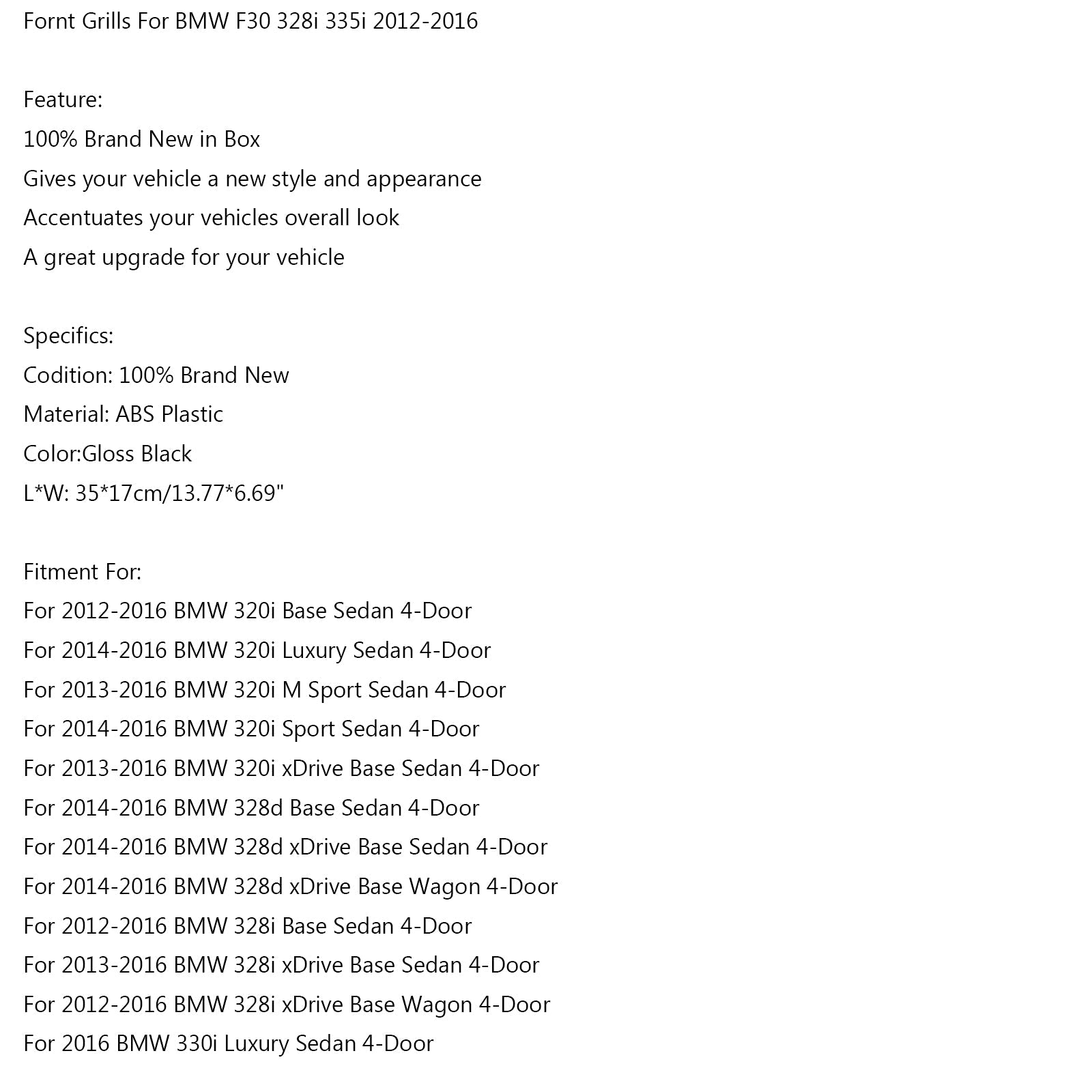 2012-2017 BMW 3 Series F30 F35 Duálne lately lesk Čierna predná obličková mriežka