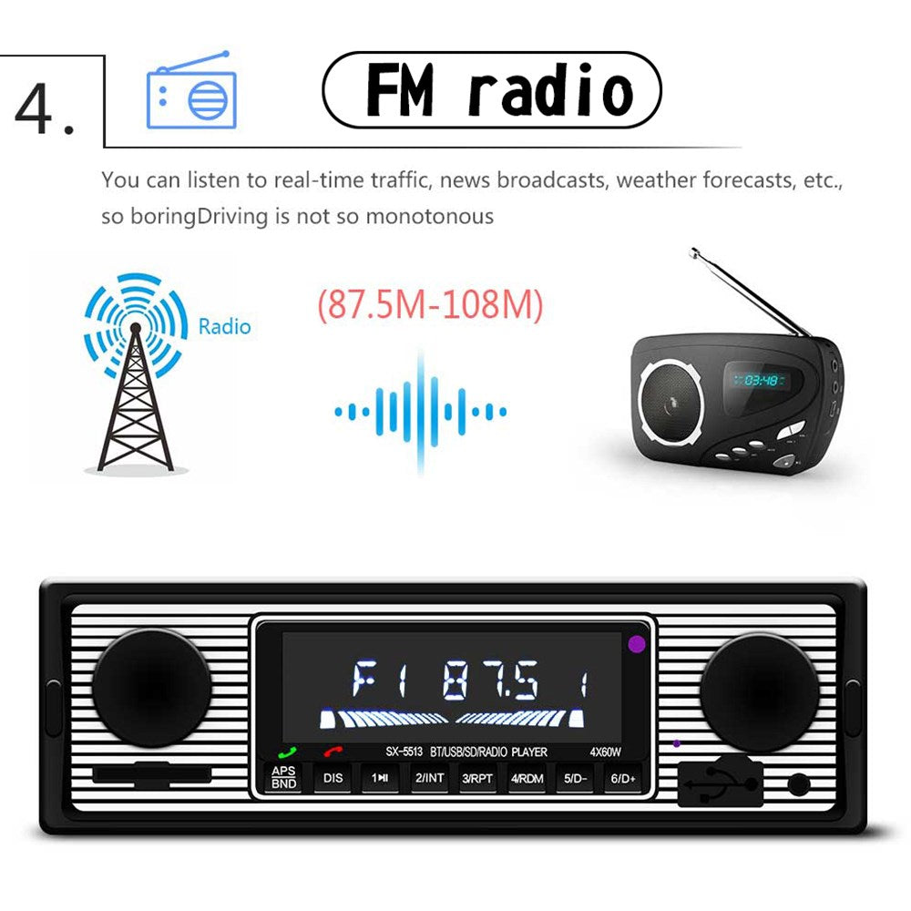 Bluetooth Vintage Car Mp3 Player FM Radio Aux Classic Stereo Audio mottaker USB