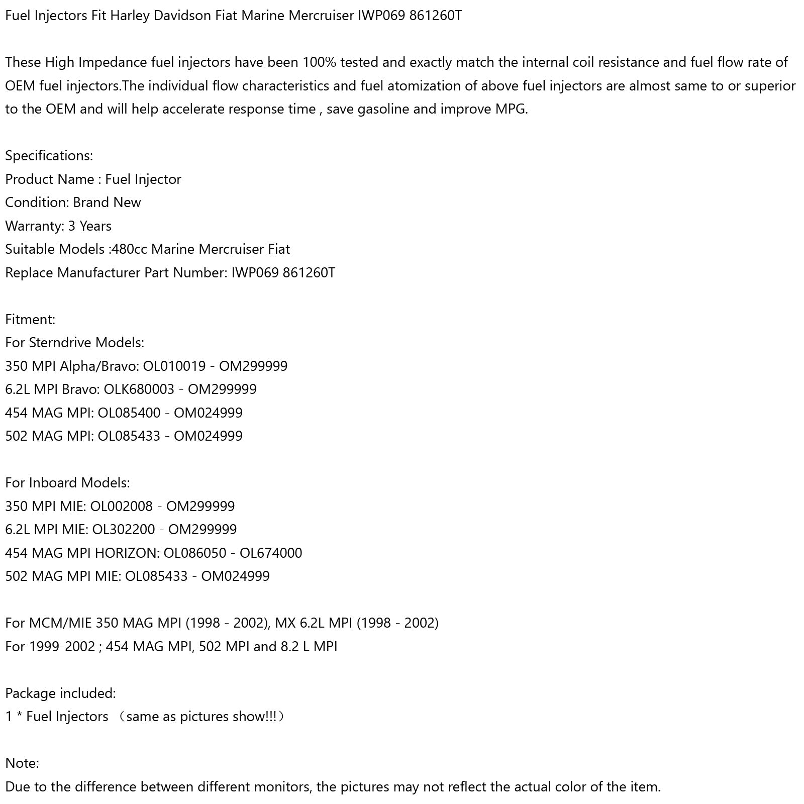 Injecteurs de carburant pour Harley Davidson, Fiat Marine Mercruiser IWP069 861260T générique, 1 pièce