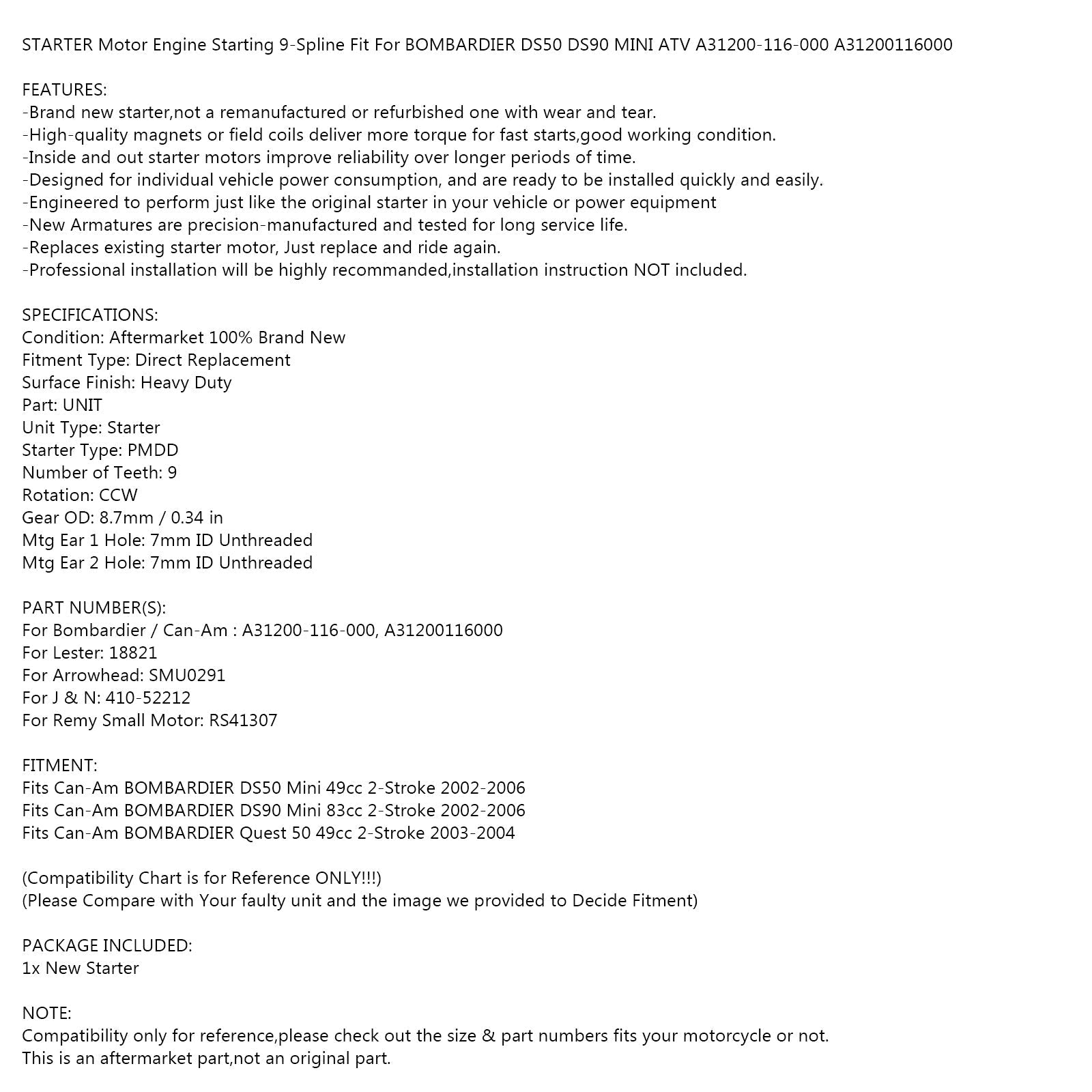 Arrancador apto para Bombardier ATV DS50 DS90 Mini 2002-2006 Quest 50 de 2 tiempos 03-04 genérico