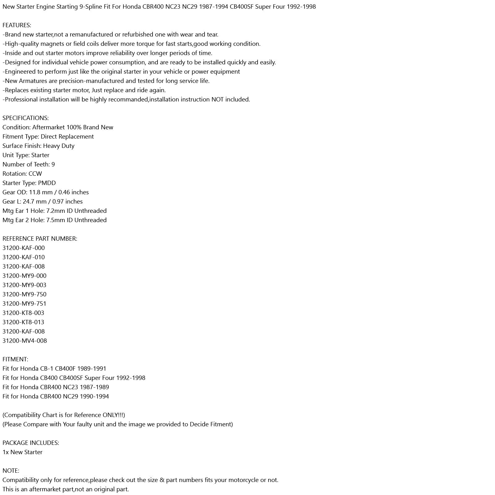 Ny startmotor som starter 9-spline Fit for Honda CBR400 NC23 1987-1989 CB400F CB400SF Super fire 1992-1998
