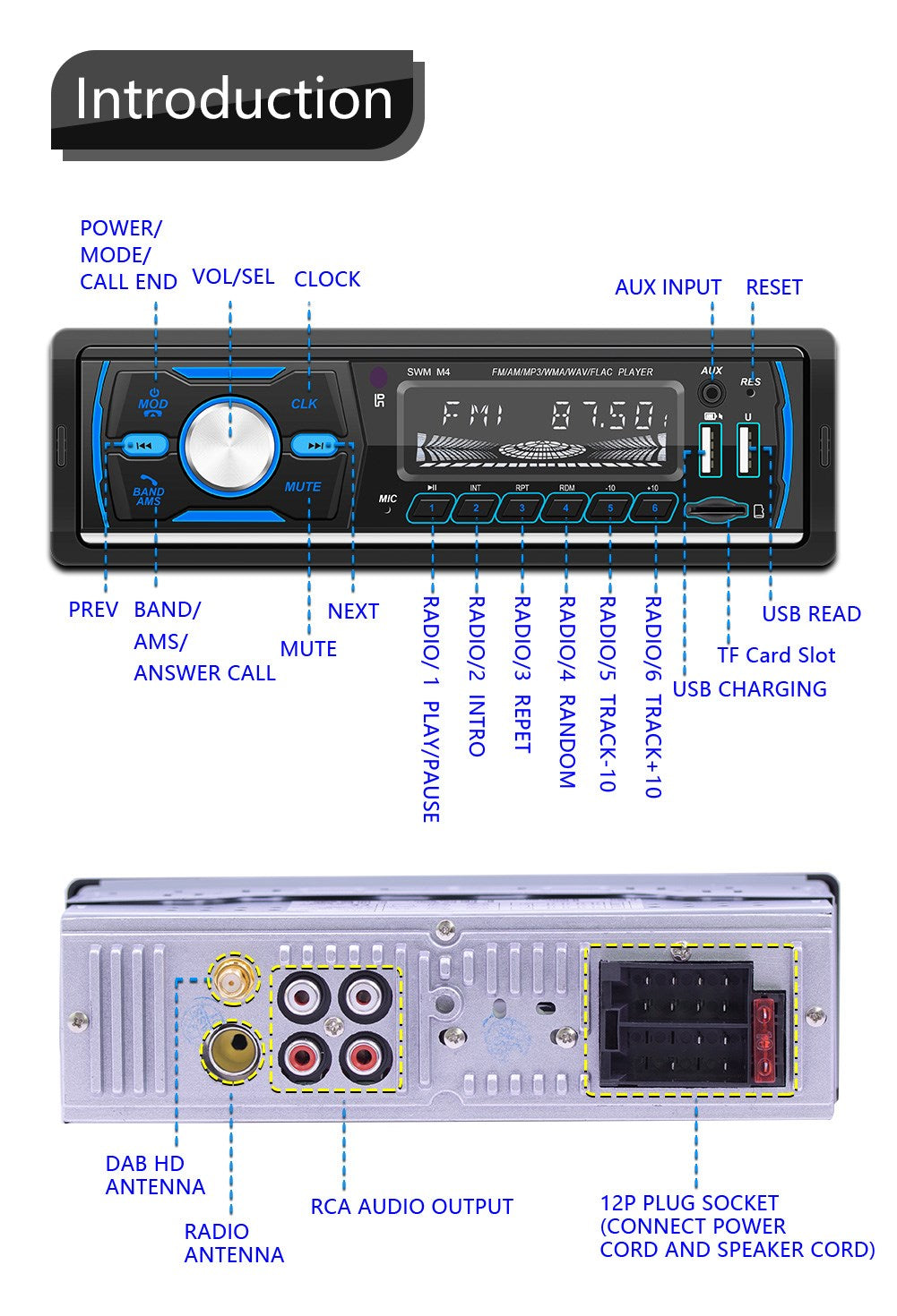 Rádio de carro estéreo 1din bluetooth fm player de música dab/mp3/usb/aux in-dash