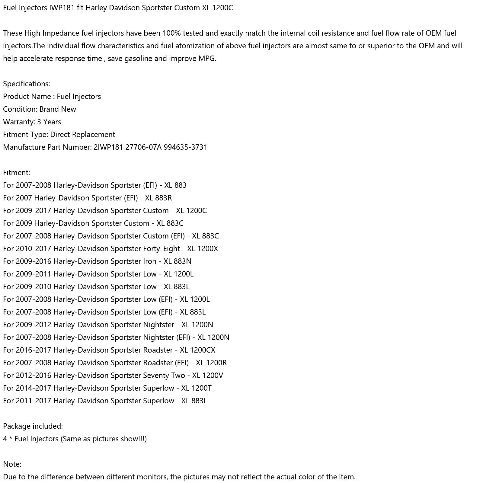 4pcs injecteurs de carburant IWP181 Fit Harley Davidson Sportter Custom XL 1200C