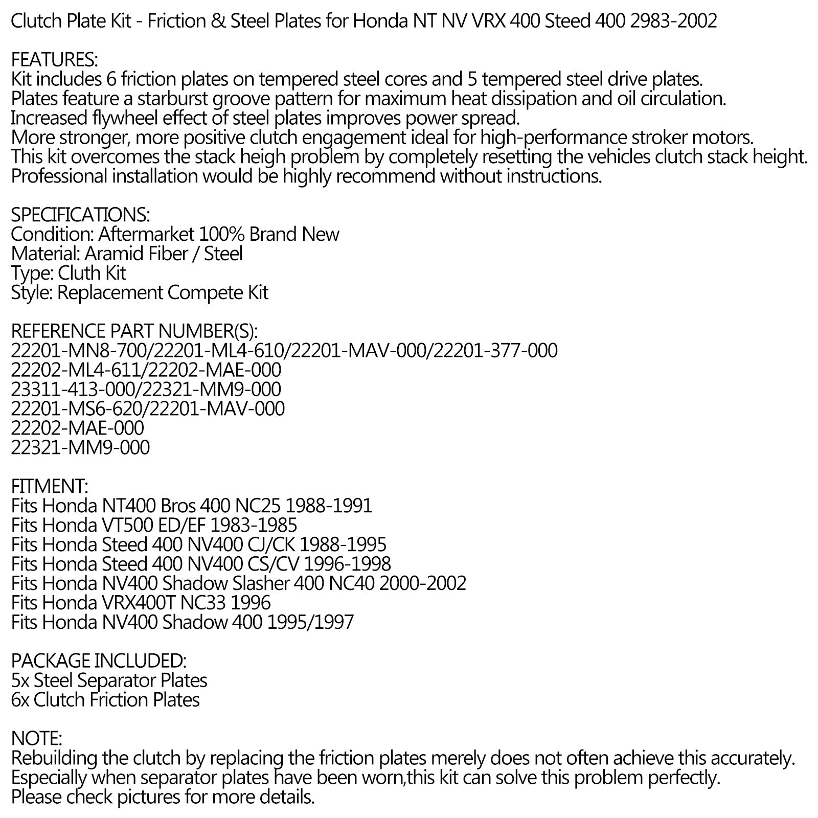 Kit d'embrayage en acier & Plaques de friction pour Honda NT NV VRX 400 Steed 400 1983-2002 Generic