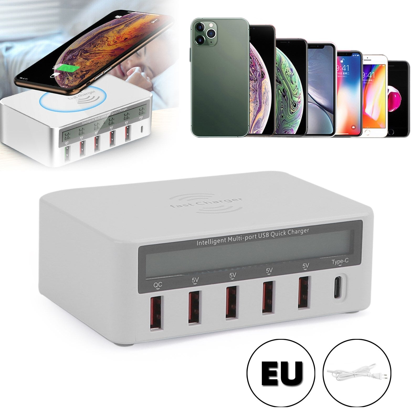 Multiport Quick USB Charger Station med trådløs ladingspute LCD -skjerm EU