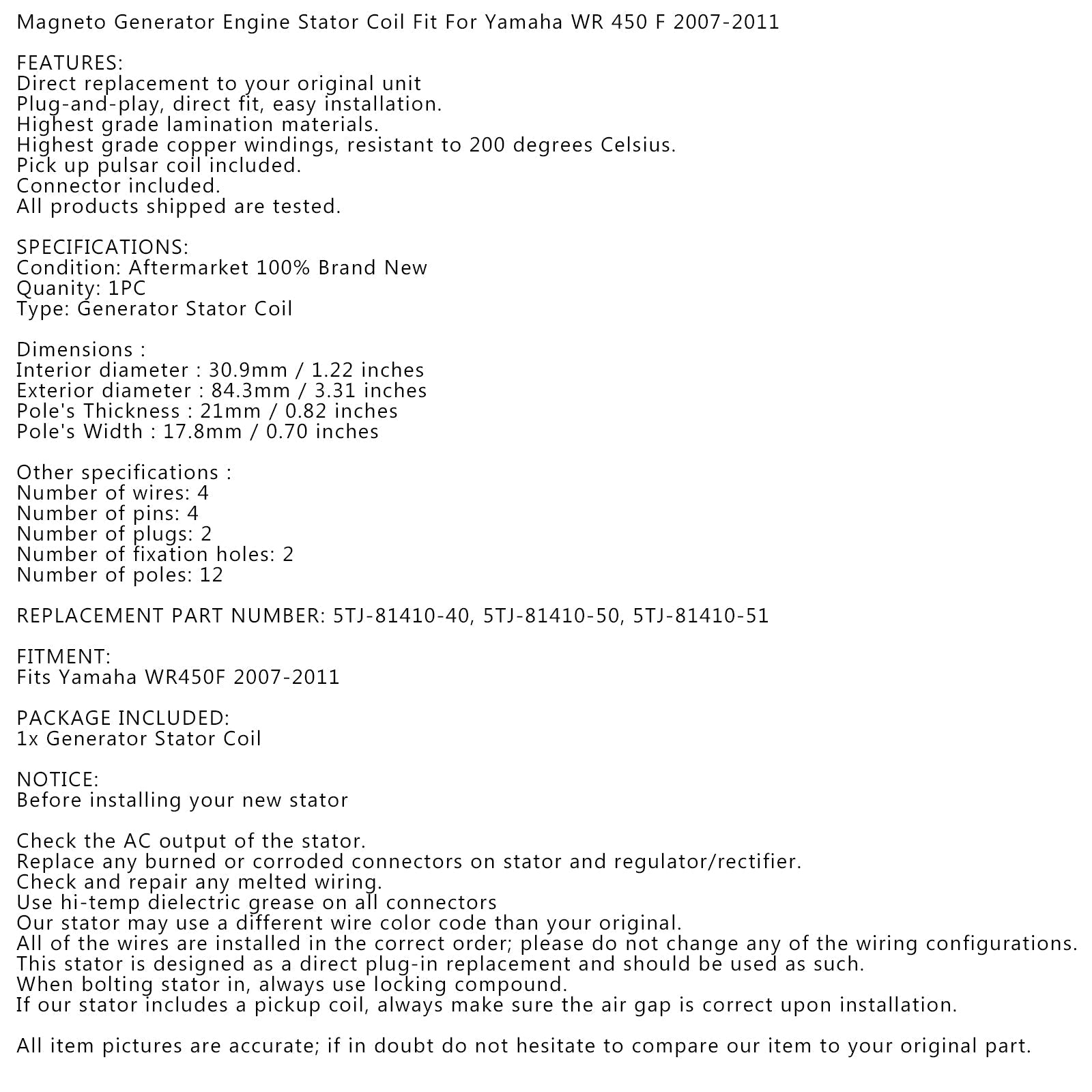 Generator Magneto Stator för Yamaha WR450F WR 450 F 2007 2008 2009 2010 2011 Generic