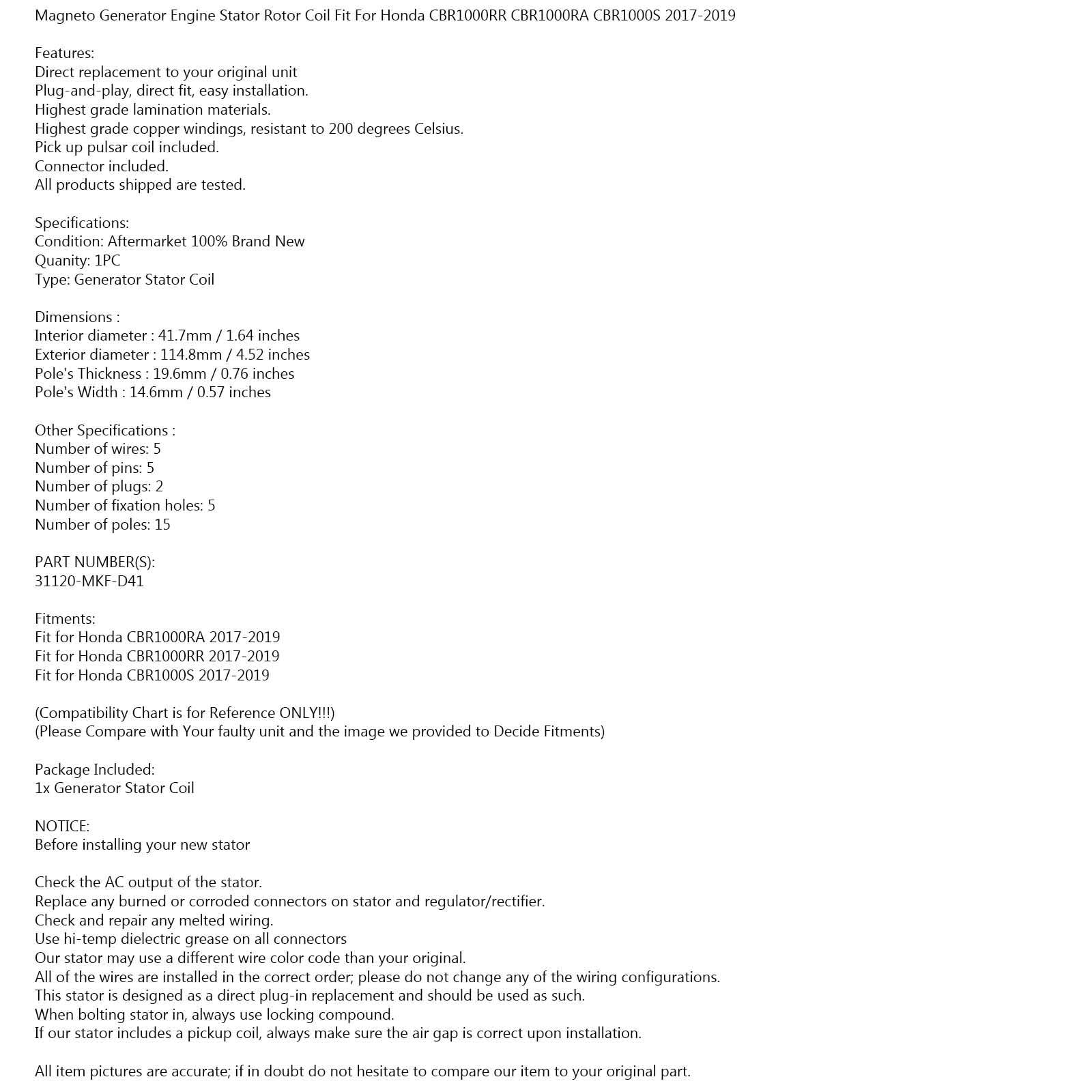 Areyourshop generatorstatorgenerator passer for Honda CBR 1000 RR RA SP 2017 2018 2019
