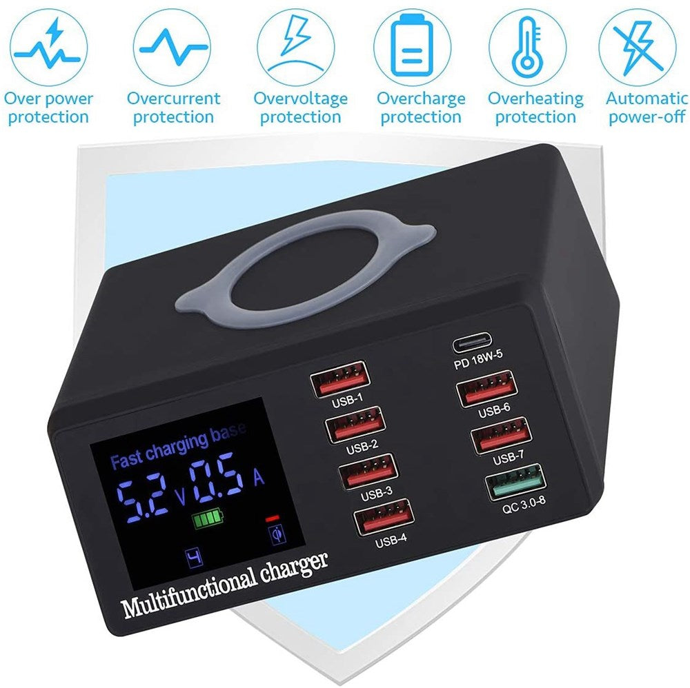 100W 8 Porter USB QC 3.0 Fast PD Rask adapter Trådløs ladestasjon UK -plugg