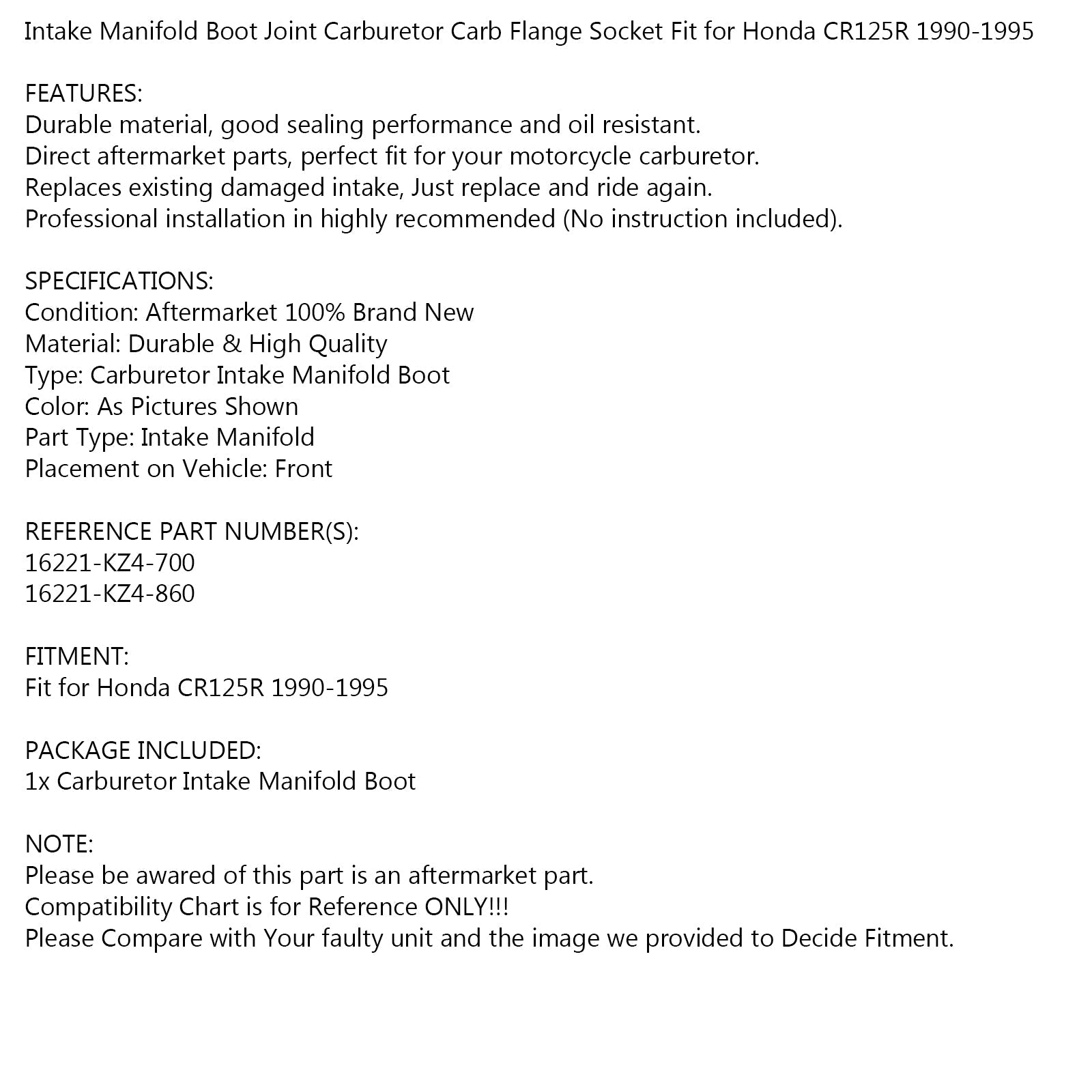 Izolátor na zavádzací potrubie pre spúňanie pre honda cb125r 1990-1995 16221-kz4-700 generic