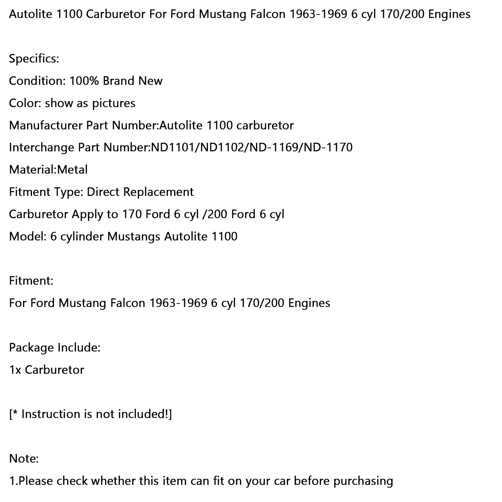 1963-1969 Ford Mustang Falcon 6 cil 170/200 Motoren Autolite 1100 Carburateur