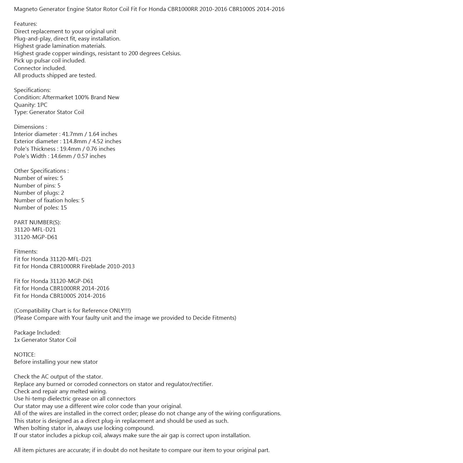 Areyourshop generator statorgenerator passar för Honda CBR 1000 RR 10-2013 CBR 1000 S 14-2016 Generisk