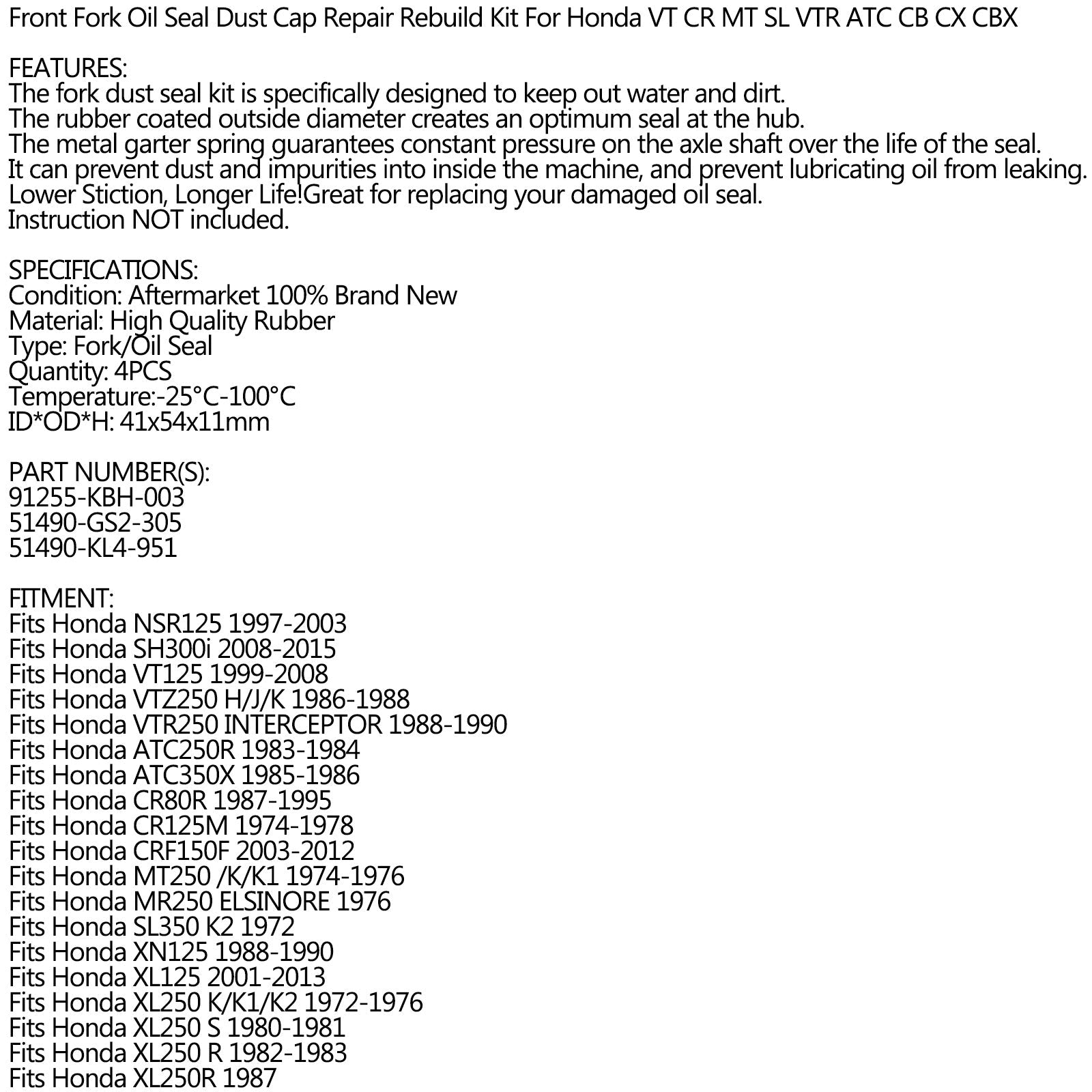 Fork Oil Dust Seal Kit för Honda CB 91255-KBH-003,51490-GS2-305,51490-KL4-951 Generic