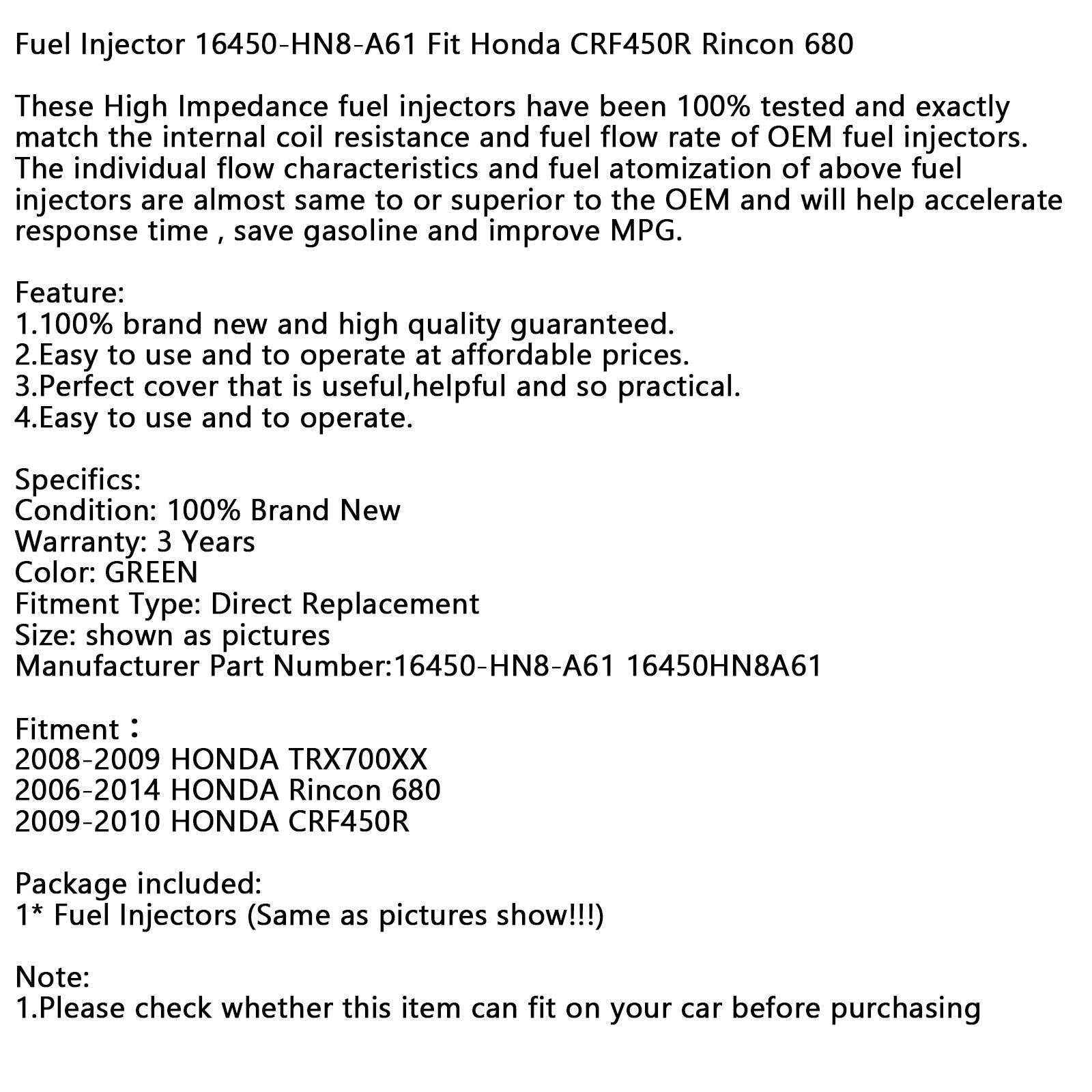 Brandstofinjector 16450-HN8-A61 16450HN8A61 Fit Honda CRF450R Rincon 680 Generiek