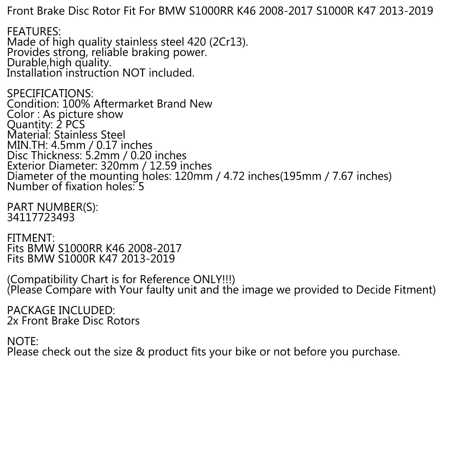 Rotor du disque de frein avant pour BMW S1000RR K46 2008-2017 S1000R K47 2013-2019