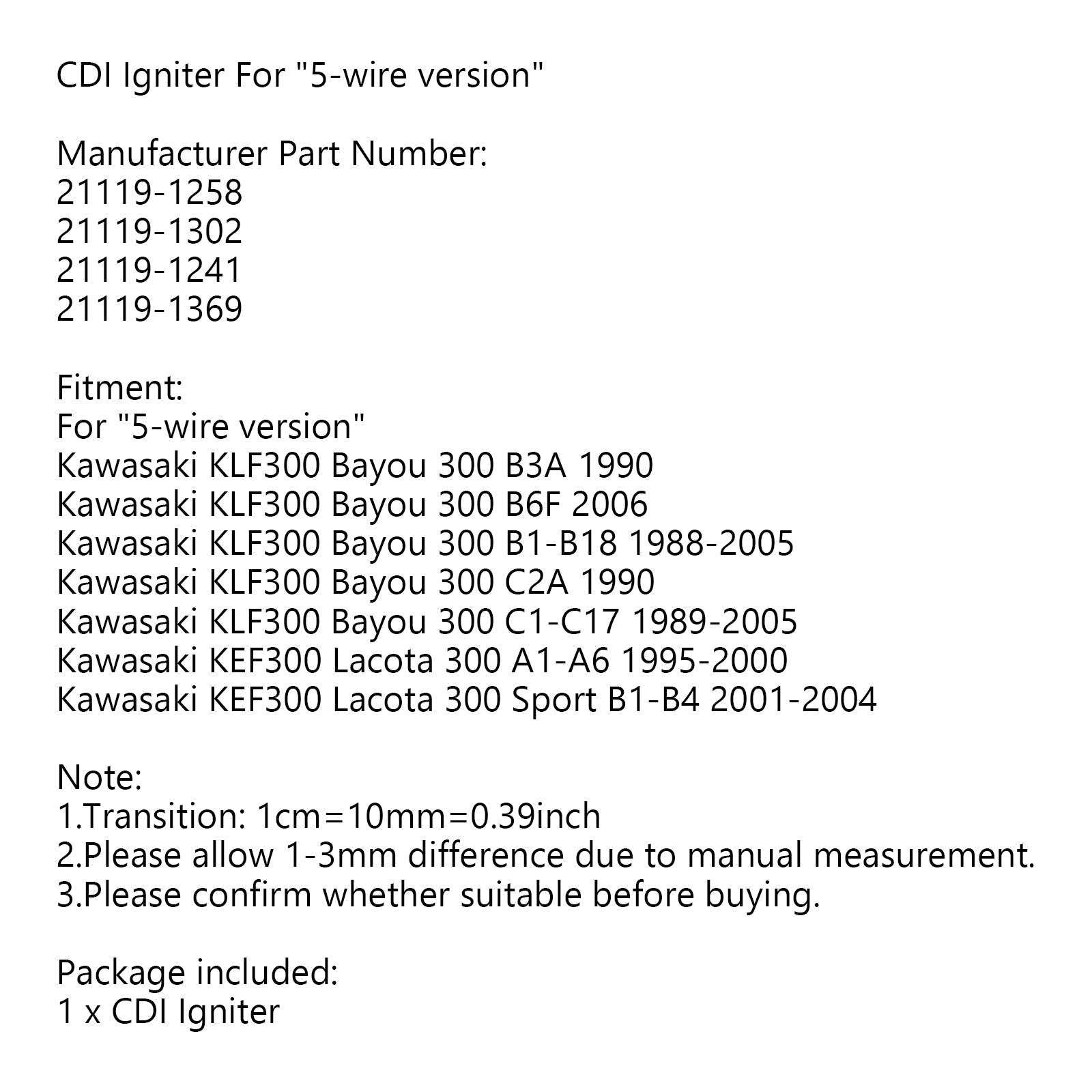 CDI Igniter 21119-1369 Fit for Kawasaki KLF300 Bayou 300 Kef300 LaCota 300 Generic