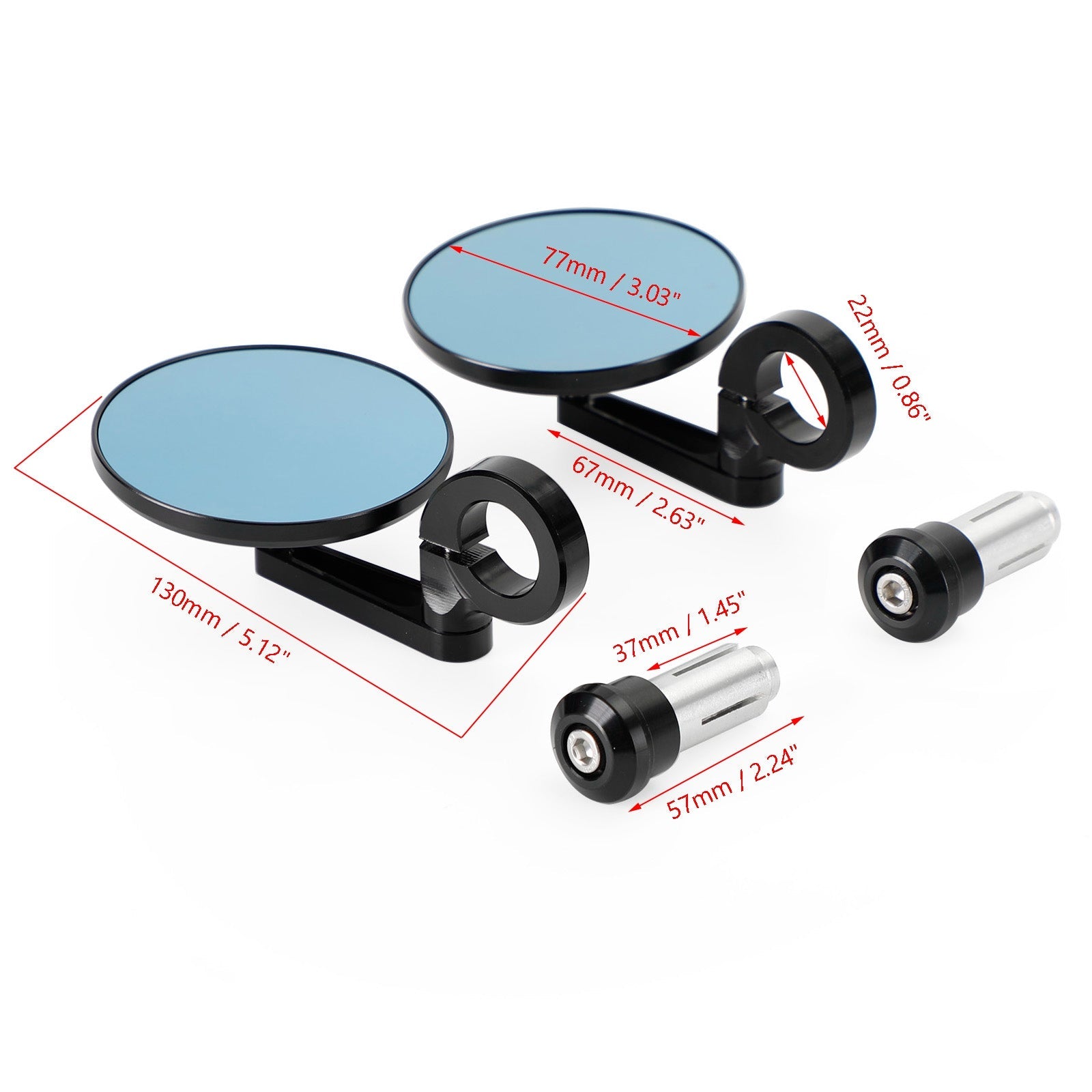 Aluminium stuuruiteindespiegel 7/8"-1" Zwarte korte arm BAR-uiteinde 3" Ronde spiegels Generiek