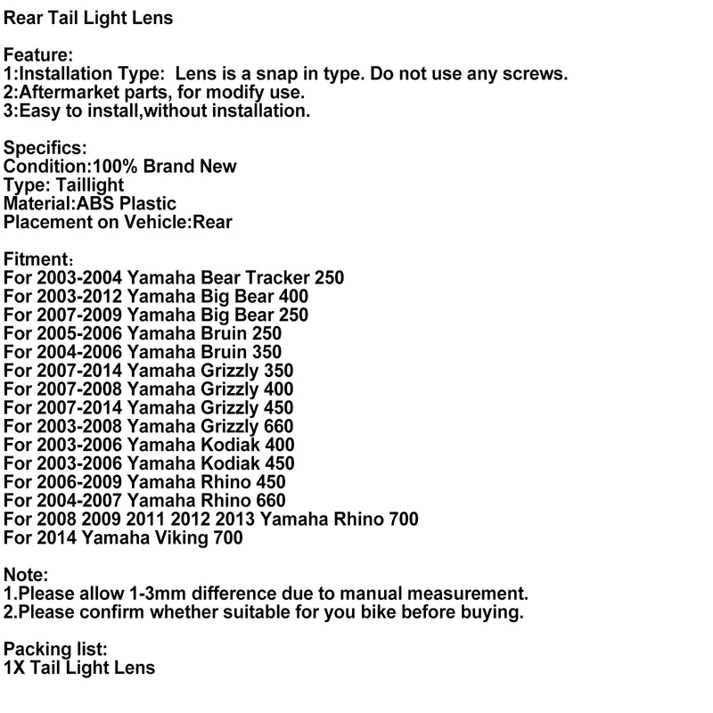 Rear Tail Light Lens For Yamaha Grizzly Kodiak Big Bear Bruin Rhino 450 660 700