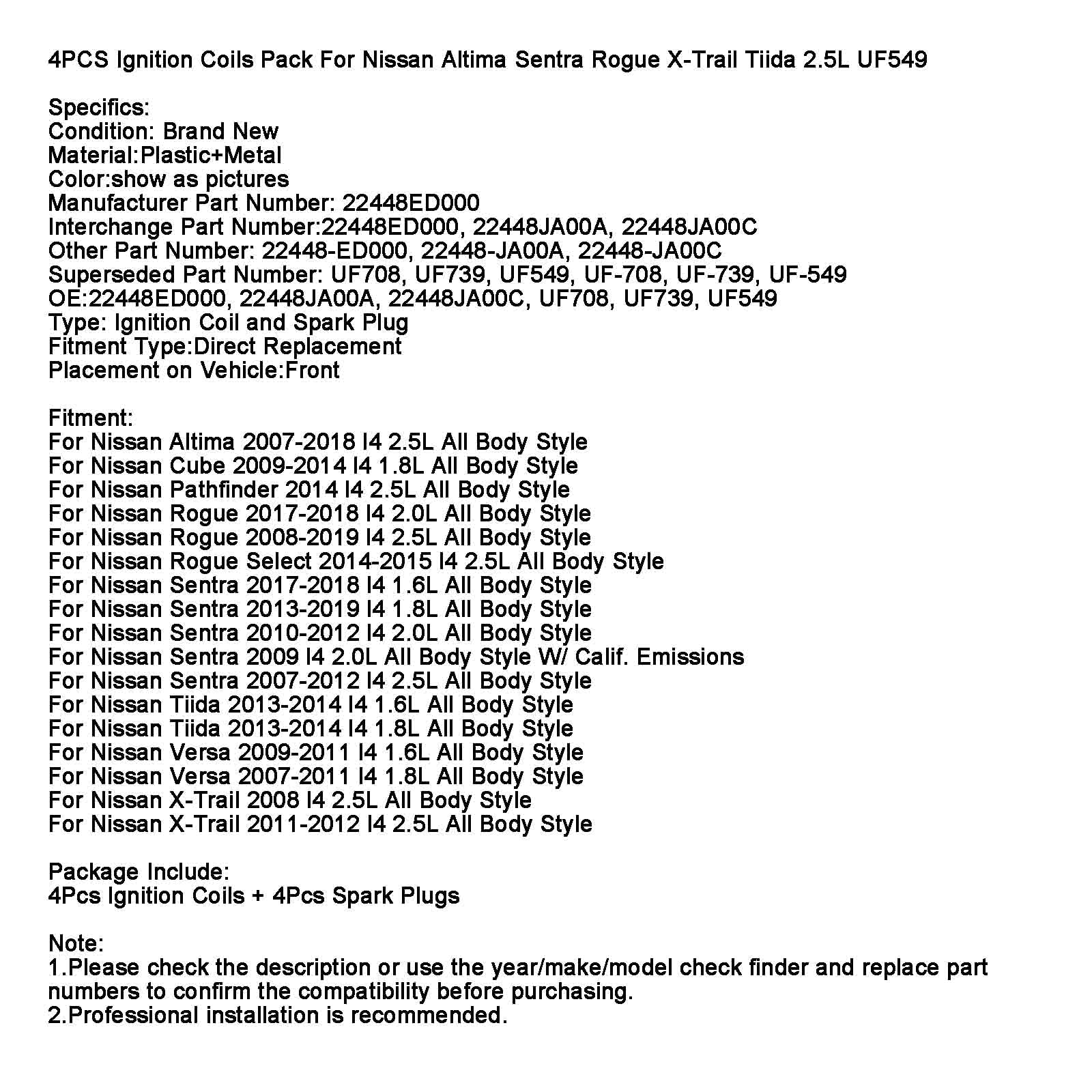 2013-2014 Nissan Tiida L4 1,6L 1.8L Coils d'allumage Pack UF549 4PCS