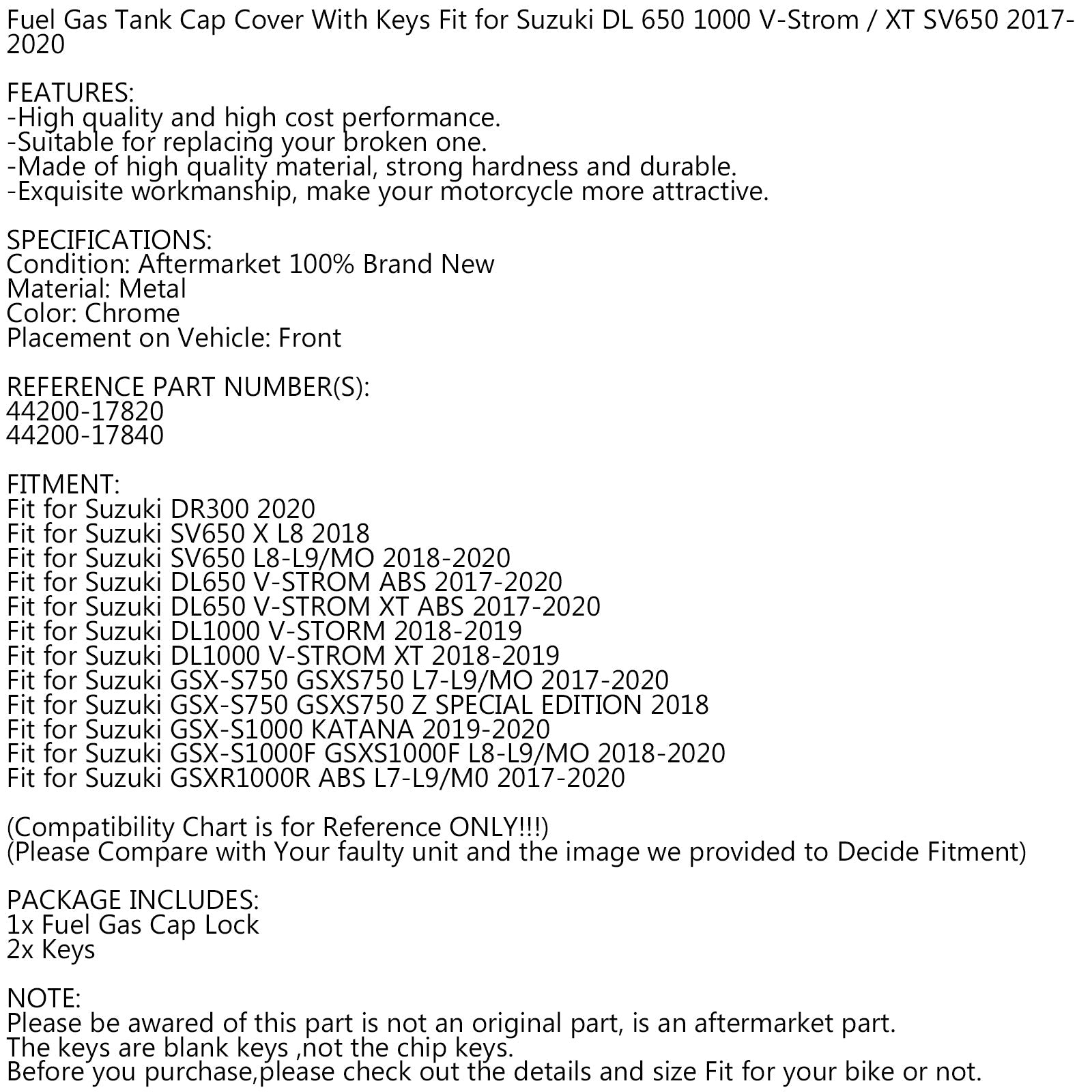 Brandstof Gas Tankdop Sleutels Fit voor Suzuki SV 650 DL 650 1000 V-Strom/XT 2017-2020 Generieke
