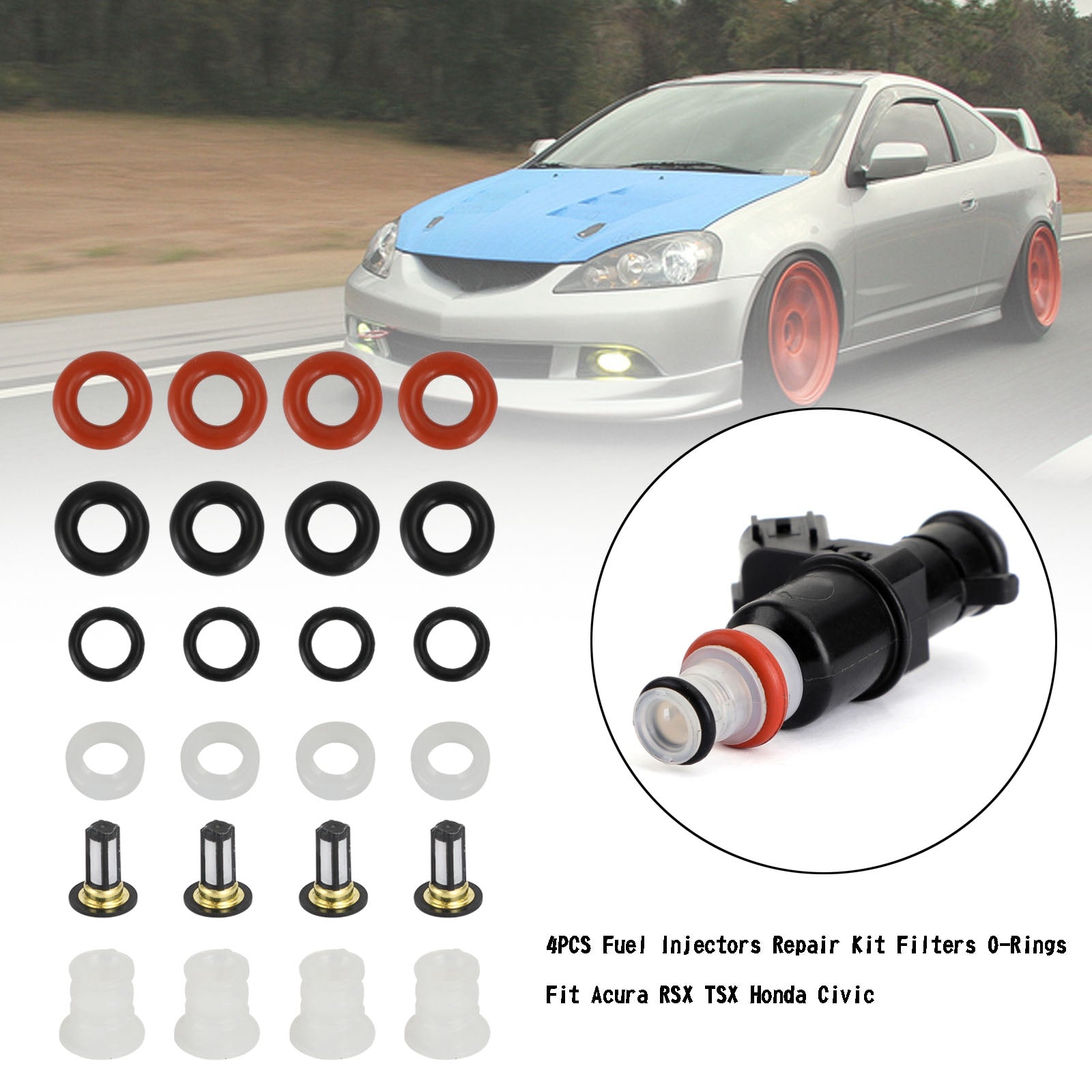 Acura RSX TSX Honda Civic 4st Bränsleinsprutare Reparationssatsfilter O-RINGS 16450RAAA01 16450-RAA-A01 842-12288 842-12287 FJ484 GENERISKA