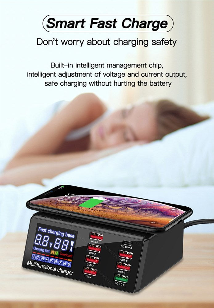 100W 8 Porter USB QC 3.0 Fast PD Rask adapter Trådløs ladestasjon UK -plugg
