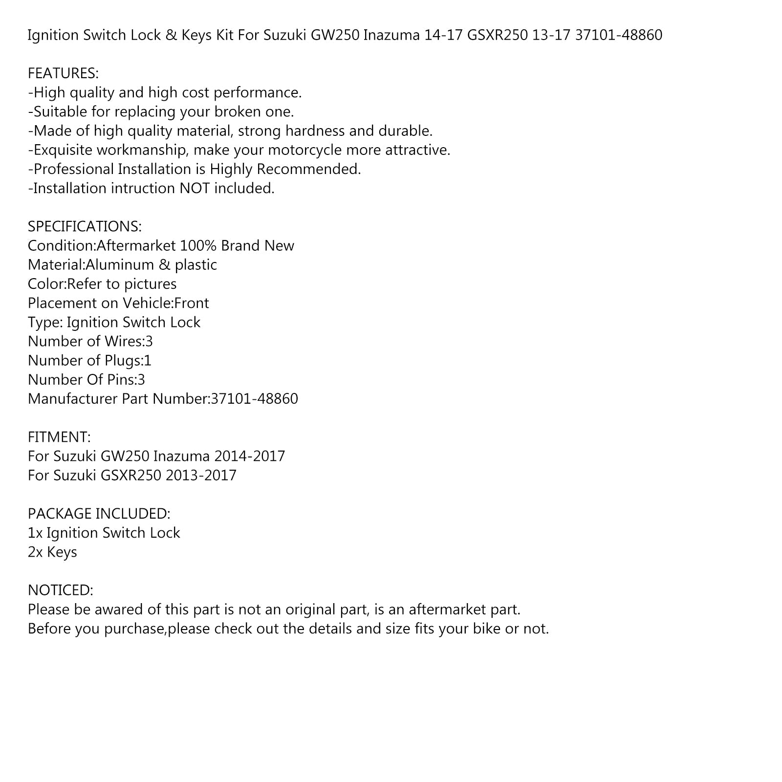 Verrouillage du contacteur d'allumage & Kit de clés pour Suzuki GSXR 250 13-17 GW250 Inazuma 14-17 Générique
