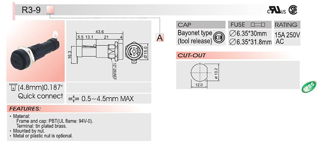 1 Uds SCI R3-9A soporte de fusible de chasis de montaje en Panel para fusibles de vidrio de 6x30mm 15A 250V