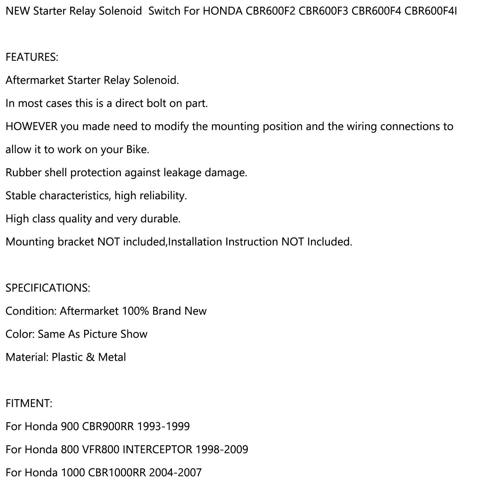 Solenoid štartérové relé pre Honda CBR600F2 CBR600F3 CBR600F4 CBR600F4i Motocykel