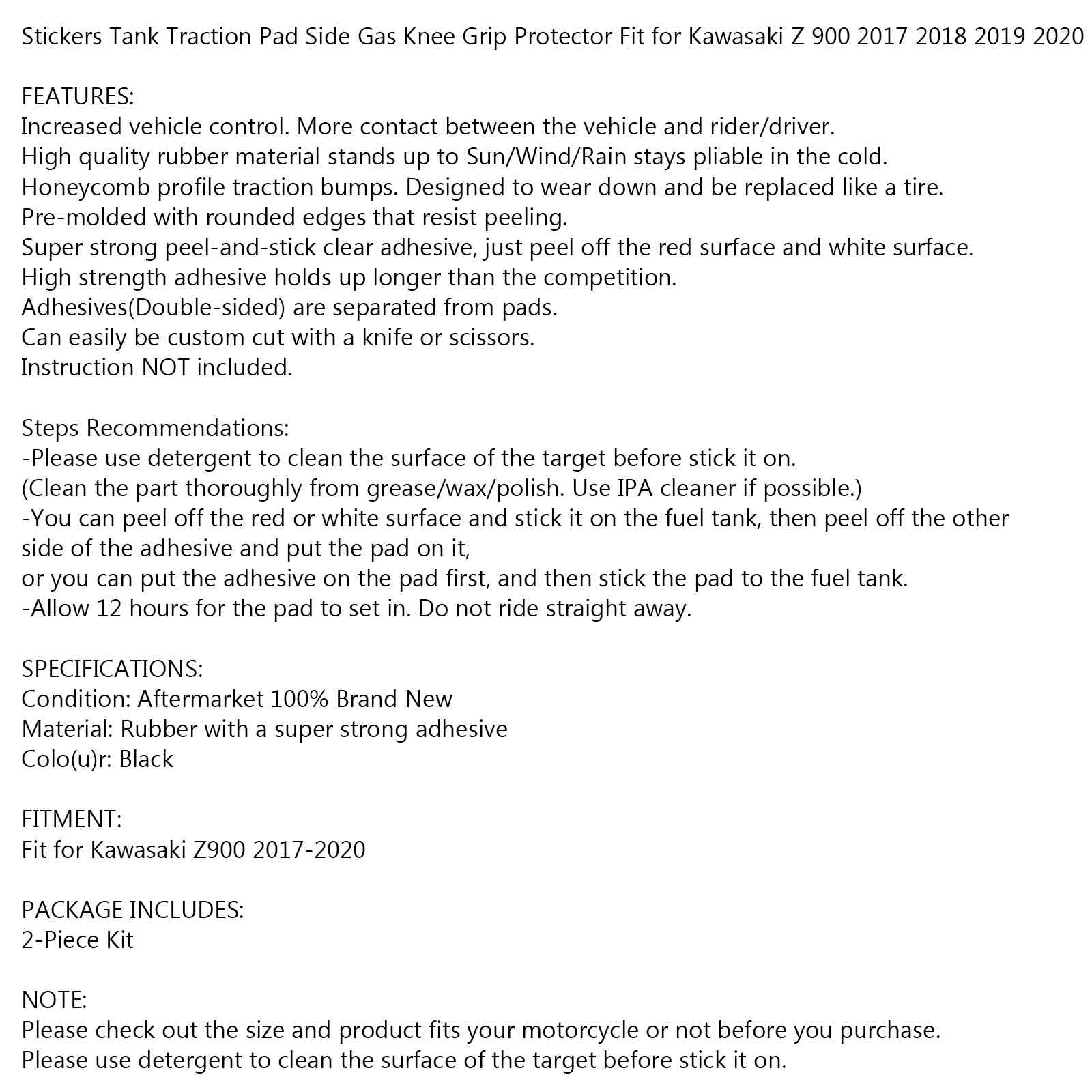2x sidotank draggrepp kuddar som passar för Kawasaki Z900 2017 2018 2019 2020 Generic