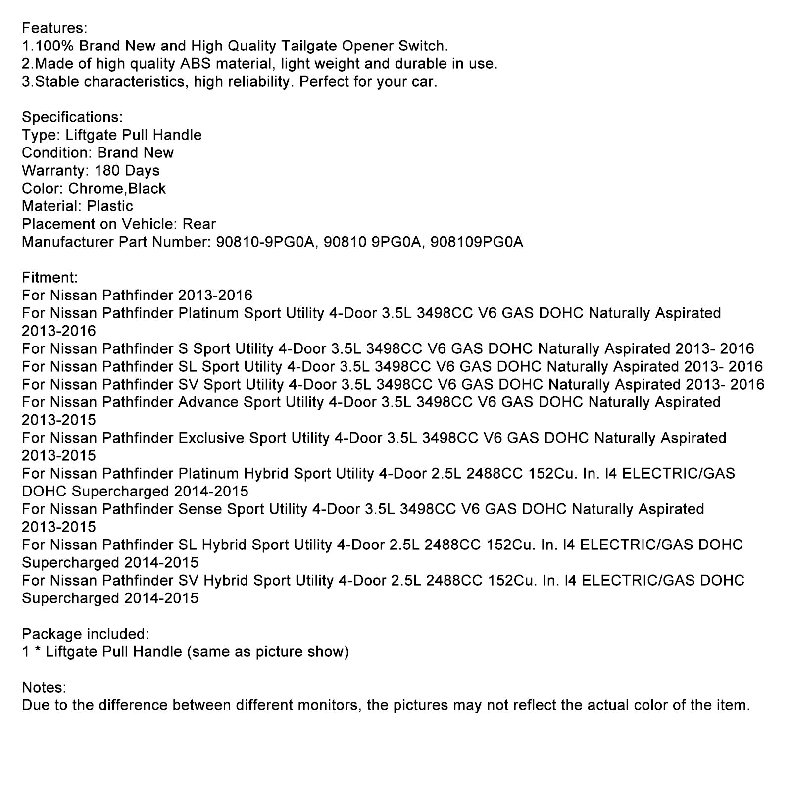 2014-2015 Nissan Pathfinder Platinum Hybrid Sport Utility 4 puertas 2.5L manija de puerta trasera cromada 90810-9PG0A Fedex Express