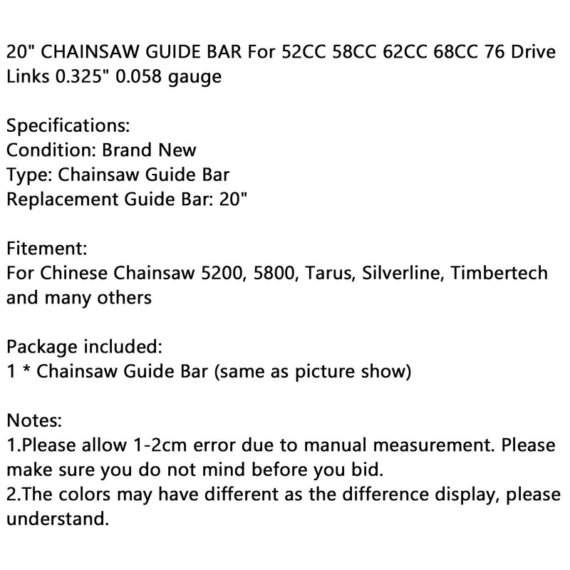 20" CHAINSAW GUIDE BAR For 52CC 58CC 62CC 68CC 76 Drive Links 0.325" 0.058G