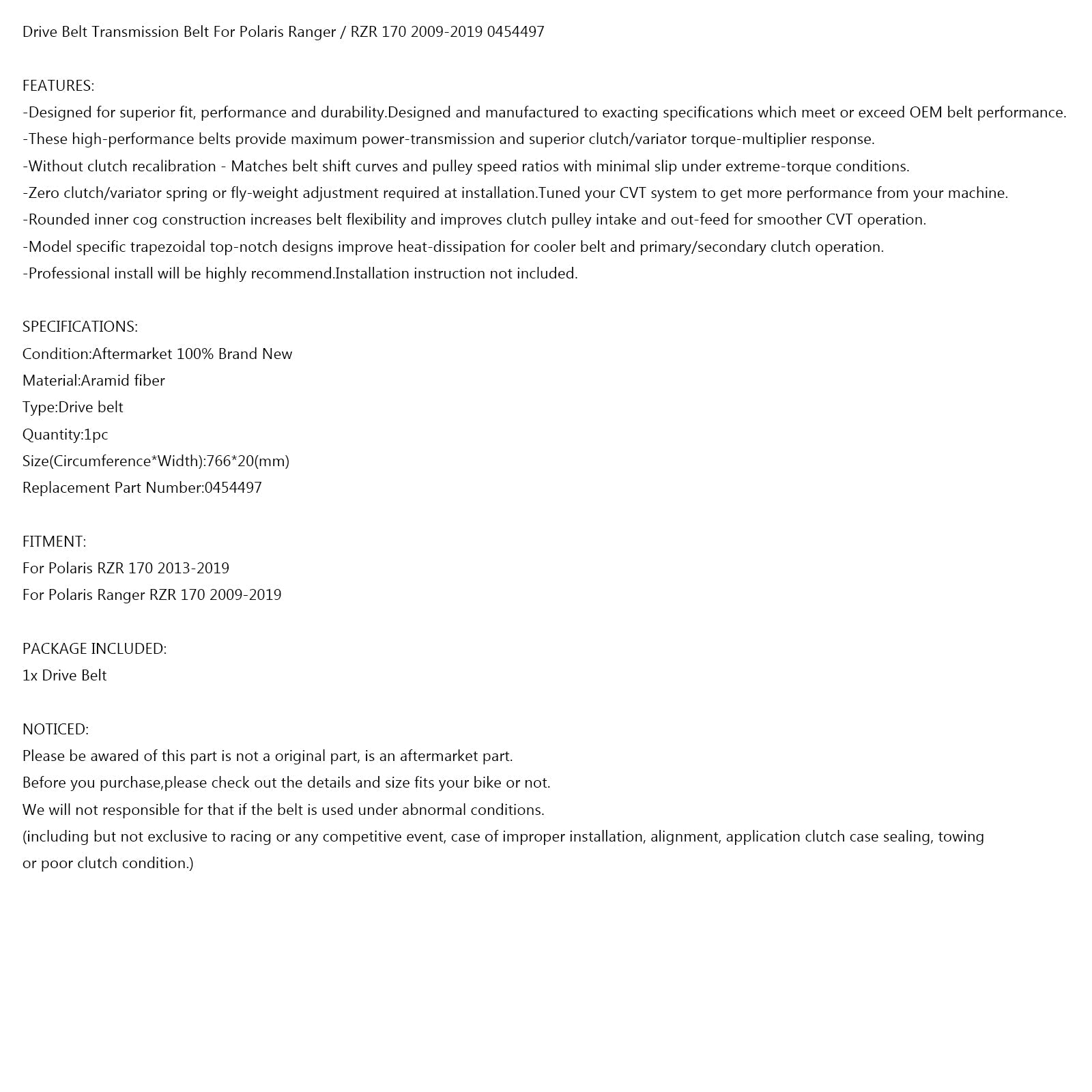Correa de transmisión 766OC x 20W para Polaris Ranger/RZR 170 2009-2019 ATV P/N.0454497