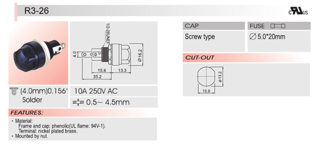 El tenedor del fusible del chasis del soporte del panel de SCI R3-26 para el vidrio de 5x20m m fusiona 10A 250V