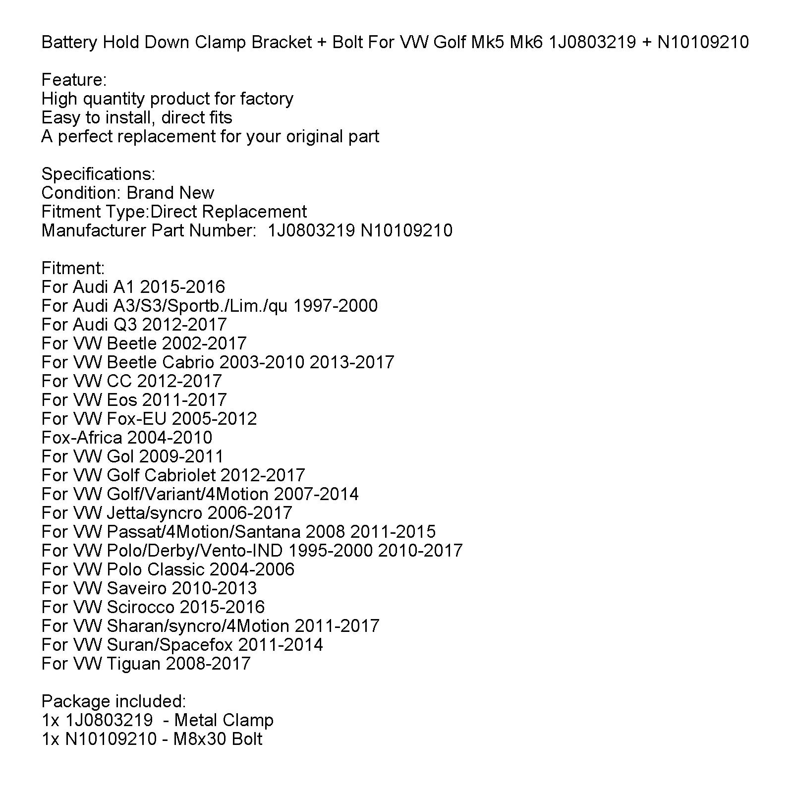 Batteri hold ned klemmebrakett + bolt for VW Golf MK5 MK6 1J0803219 + N10109210